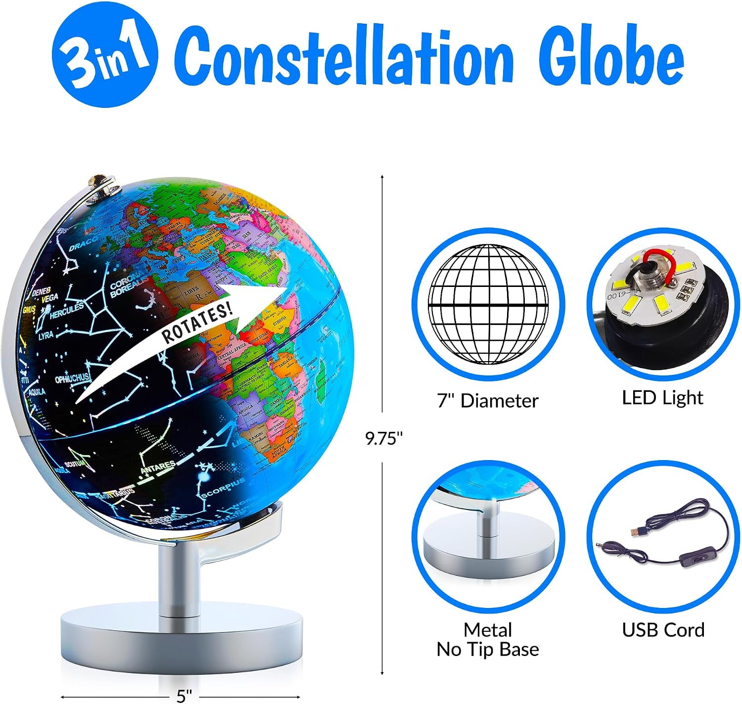 USA Toyz Illuminated World Globe with Stand - 3in1 STEM Globes for Adults and Kids, Constellation Map, Built-In LED Night Light Lamp, Easy to Read Texts, Non-Tip Base, 13.5 Inch Tall, 9 Inch Diameter