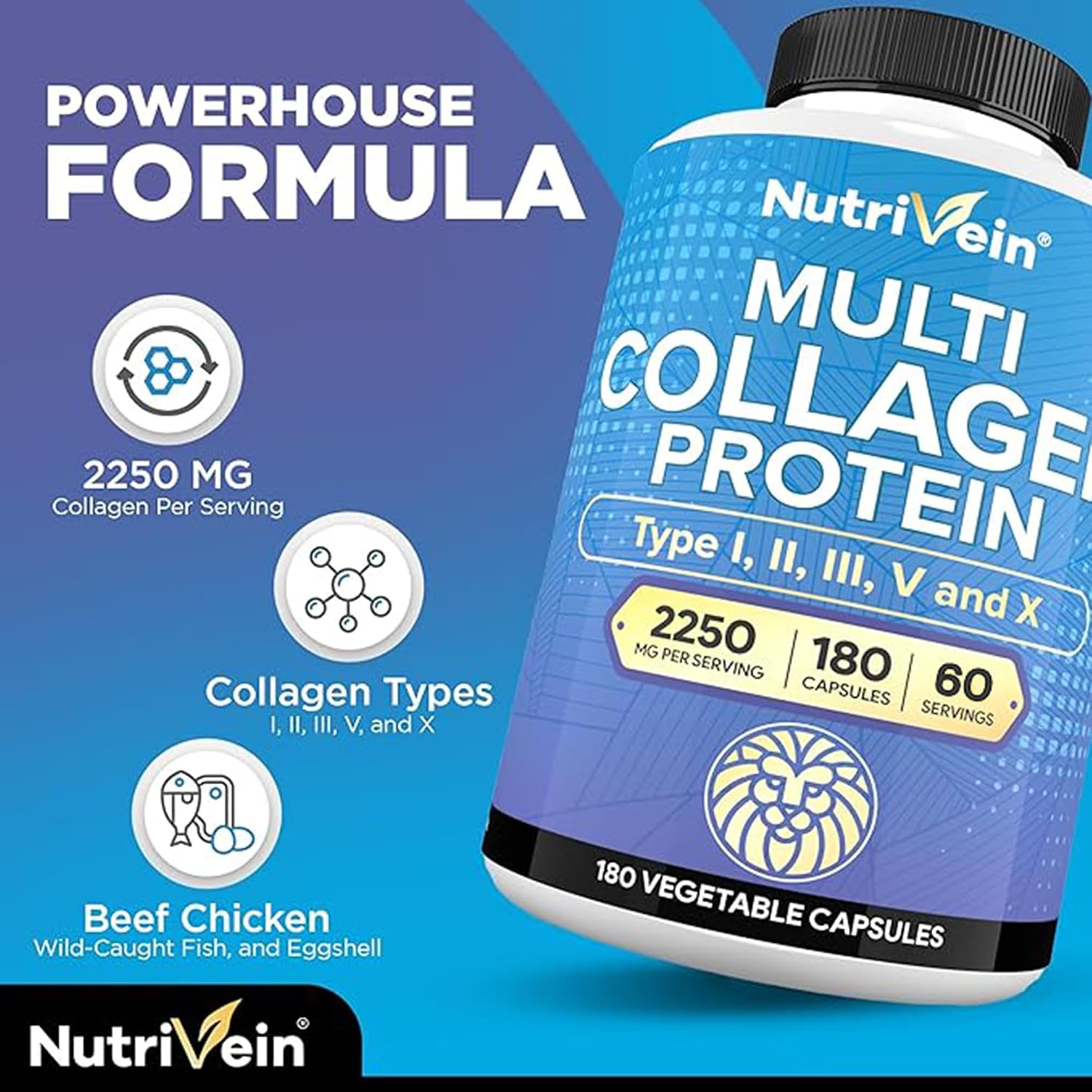 Nutrivein Multi Collagen Peptides Pills 2250 mg - 180 Capsules, 5 Types | Types I, II, III, V, X hydrolyzed peptides for women and men. Supports hair