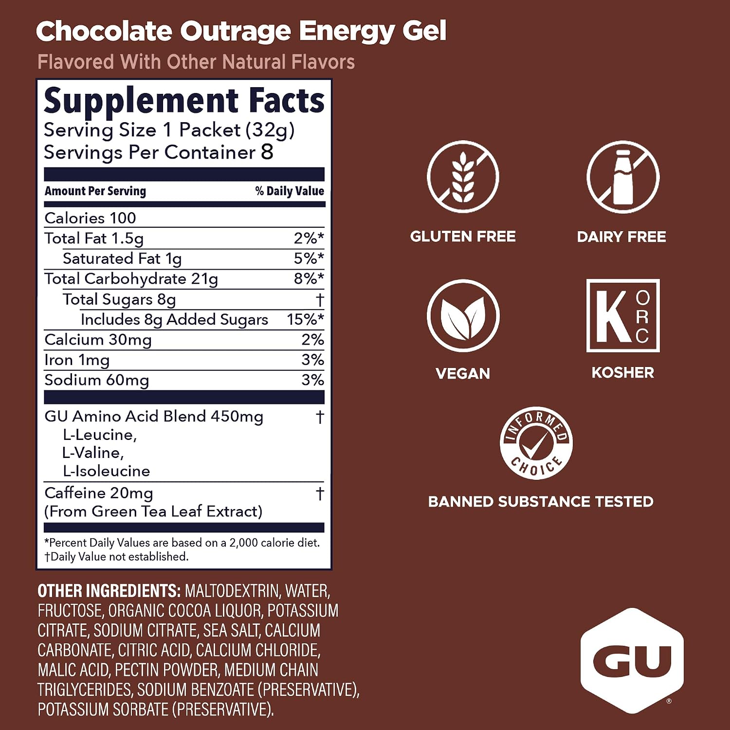 GU Energy Original Sports Nutrition Energy Gel, Vegan and Dairy-Free On-the-Go Energy for Any Workout, Vanilla Bean, 8-Count