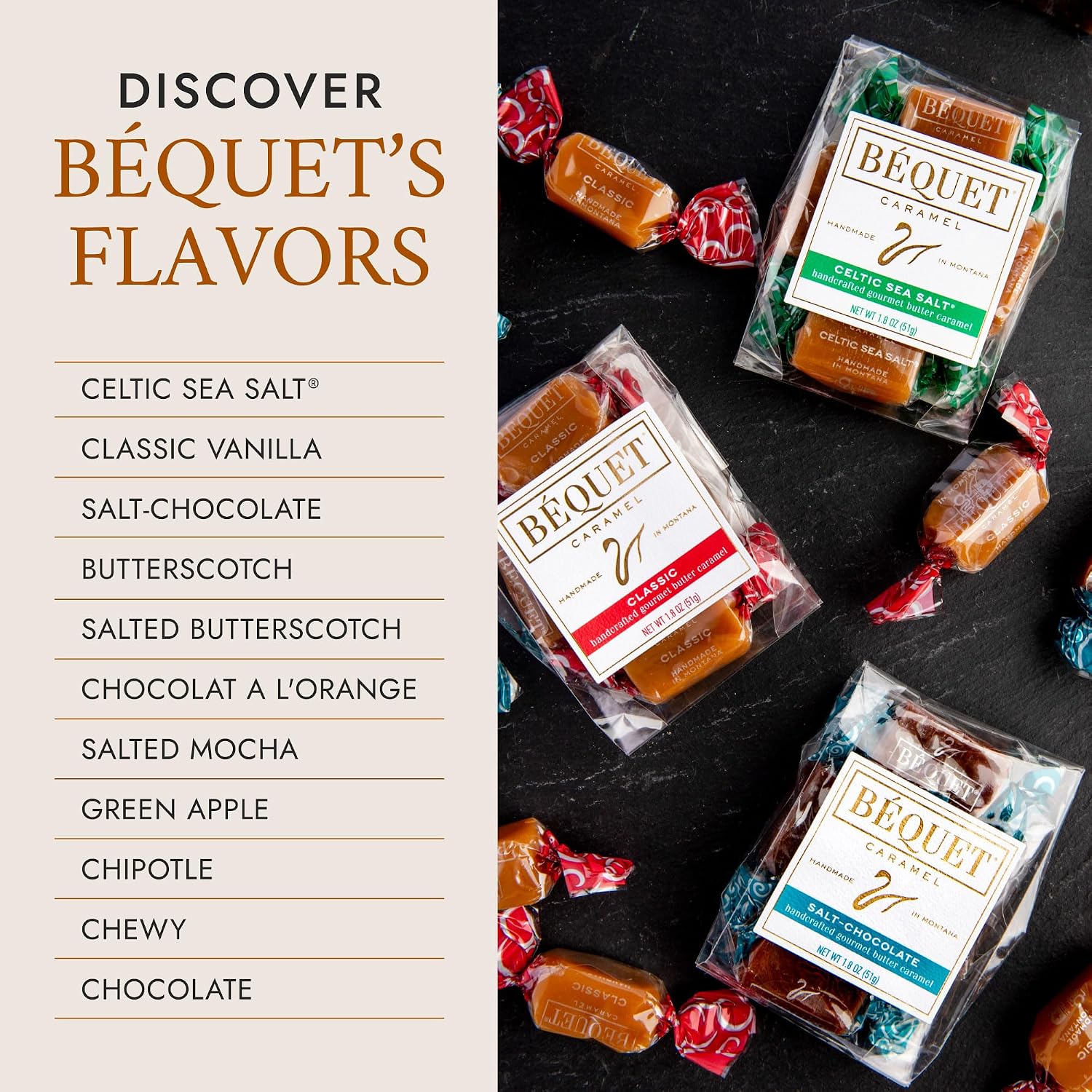 Béquet Celtic Sea Salt Caramels - Individually Wrapped Candy - 8oz Gift Bag | Ready-to-gift bag. Small-batch caramel made in Montana with real cream and butter, Kosher Star-D, gluten free, non-GMO