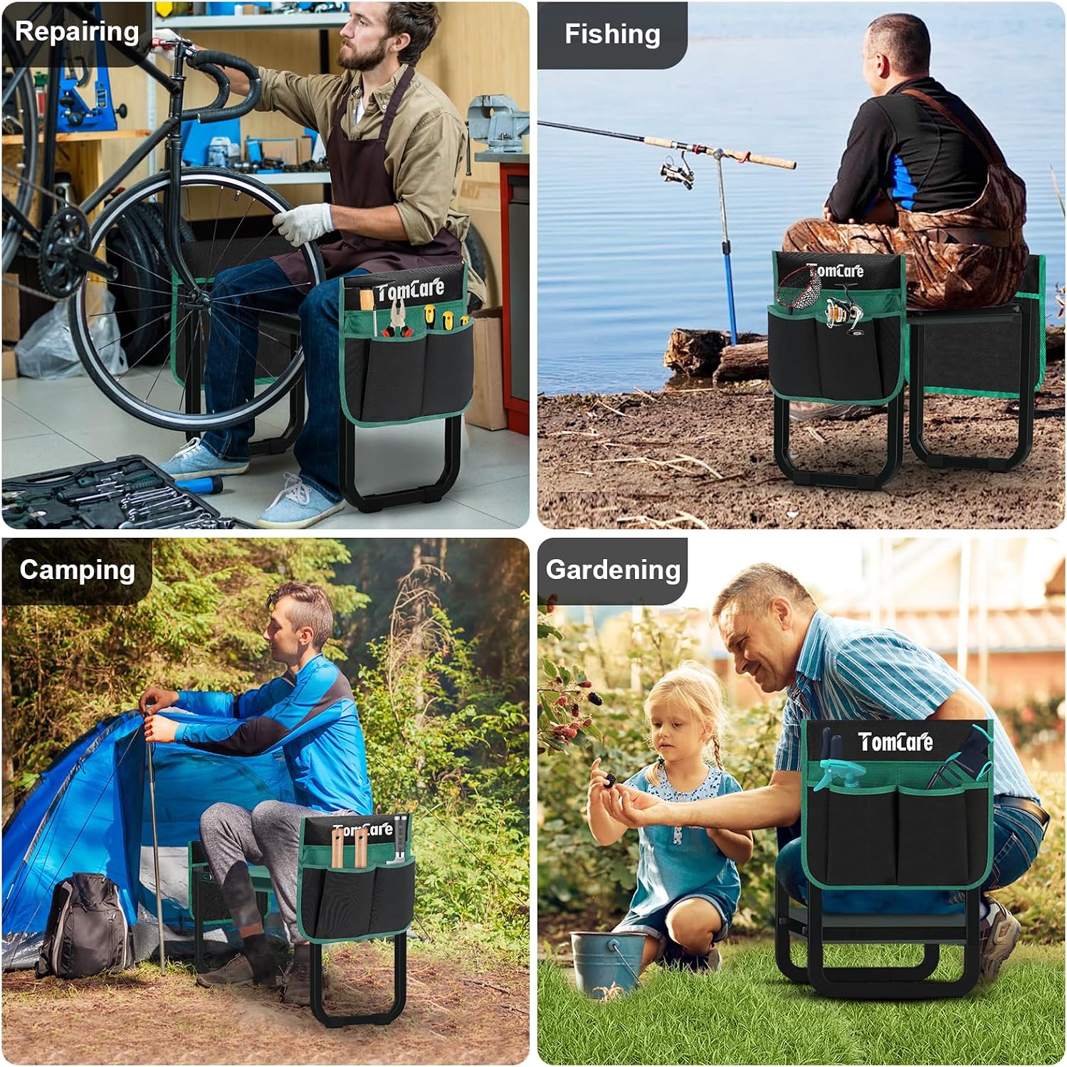 TomCare Garden Kneeler and Seat, 11.12" Kneeling Pad Sturdy Garden Bench | Heavy Duty Garden Stool, 450 lbs Load Capacity, 2 Tool Pouches, Foldable Design, Gardening Gift for Women, Men and Gardeners