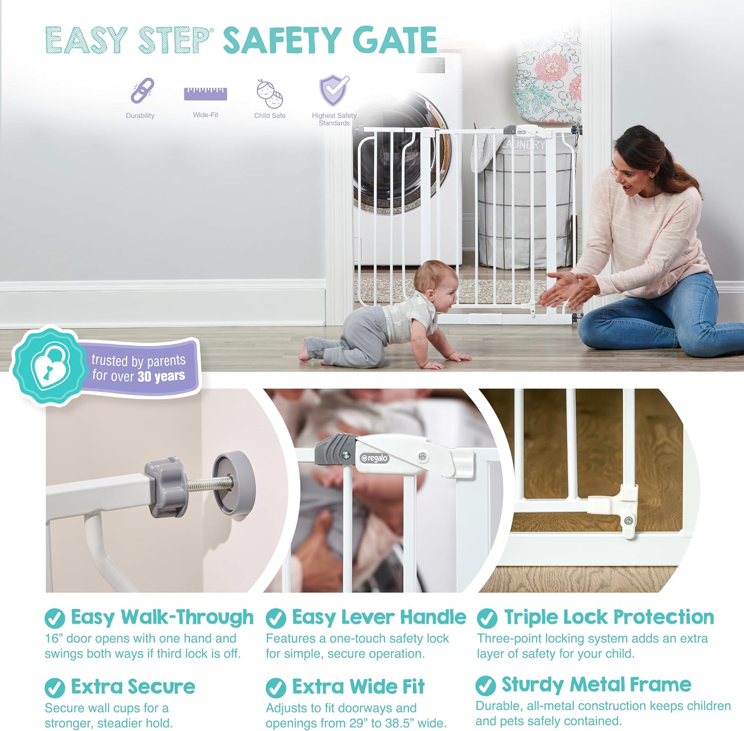 Regalo Safety 29"-49" Extra Wide Baby Gate, Bottom of Stairs & Doorways | Pressure Mounted with Door, For Babies, Toddlers & Pets, White, Tested & Trusted for 30 Years