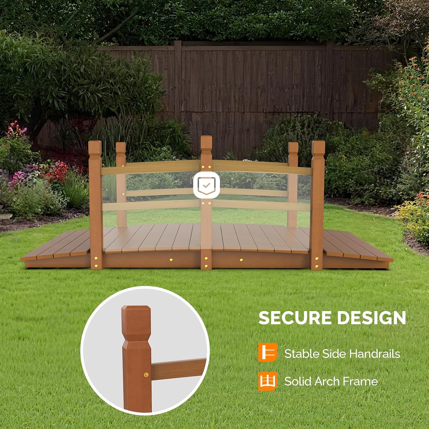 VINGLI 5 ft Garden Bridge, Classic Wooden Arch with Safety Rails Stained Finished Footbridge, Decorative Pond Landscaping, Backyard, Creek or Farm
