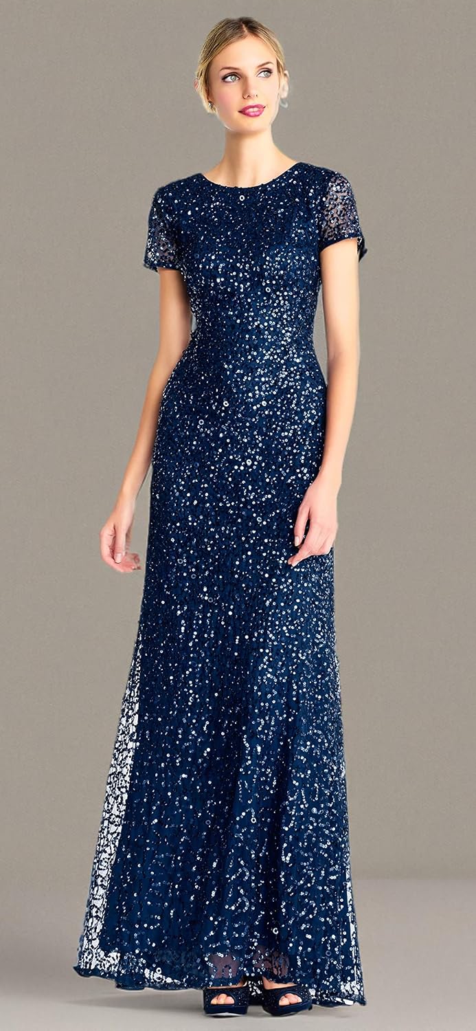 Adrianna Papell Womens Short-Sleeve All Over Sequin Gown