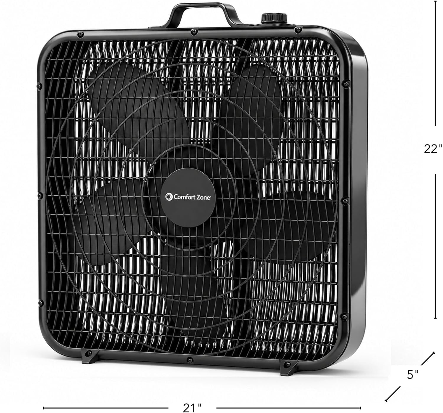 Comfort Zone Box Fan with Carry Handle, 20 inch, 3 Speed Full-Force Air Circulation Window Fan, Bedroom Floor Fan with 5 Blades, White Noise Cooling Fan, White