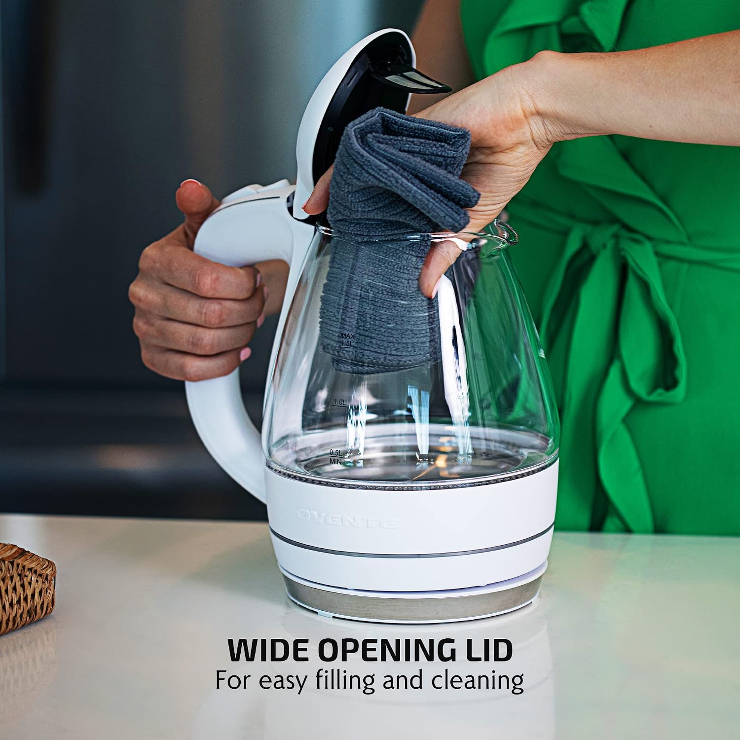 OVENTE 1.5L Glass Electric Kettle Water Boiler, Black KG83B | 1100W Fast Boiling, Borosilicate Glass, BPA-Free, Blue LED, Auto Shut-Off, Boil-Dry Protection, Removable Filter, 360° Base
