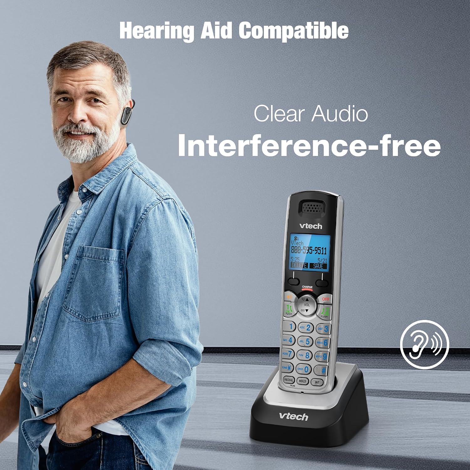 VTech DS6101 Accessory Handset for DS6151 Series, Black/Silver | 2-Line Cordless Phone, Answering System, Expandable up to 12 Handsets, Intercom & Conference