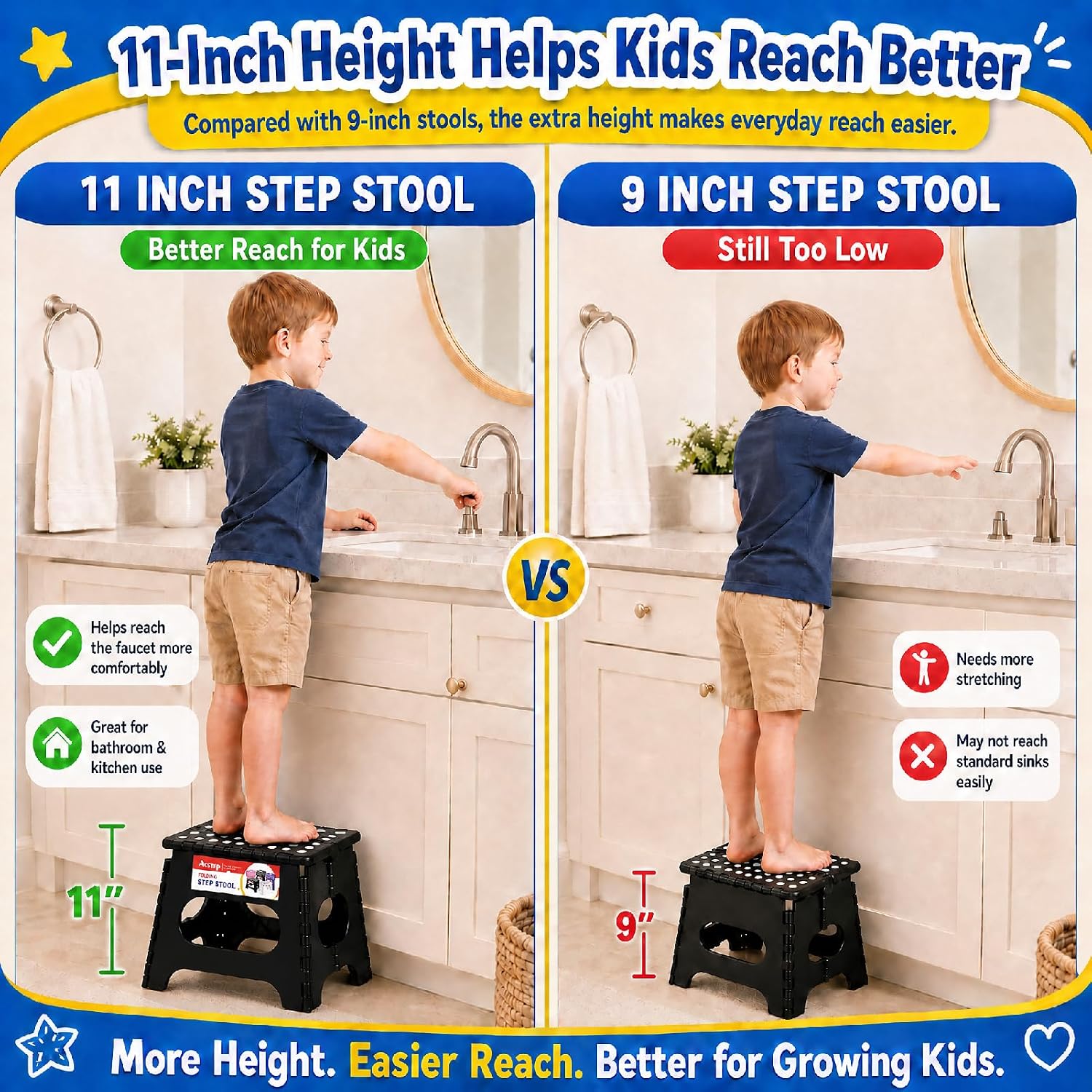 11 Inch Folding Step Stool for Kids, Non-Slip Foldable Stools, Black | Heavy Duty Collapsible Foot Stool, Lightweight with Built-in Handle, Holds 300 lb for Adults Kitchen Bathroom Bedroom Outdoor
