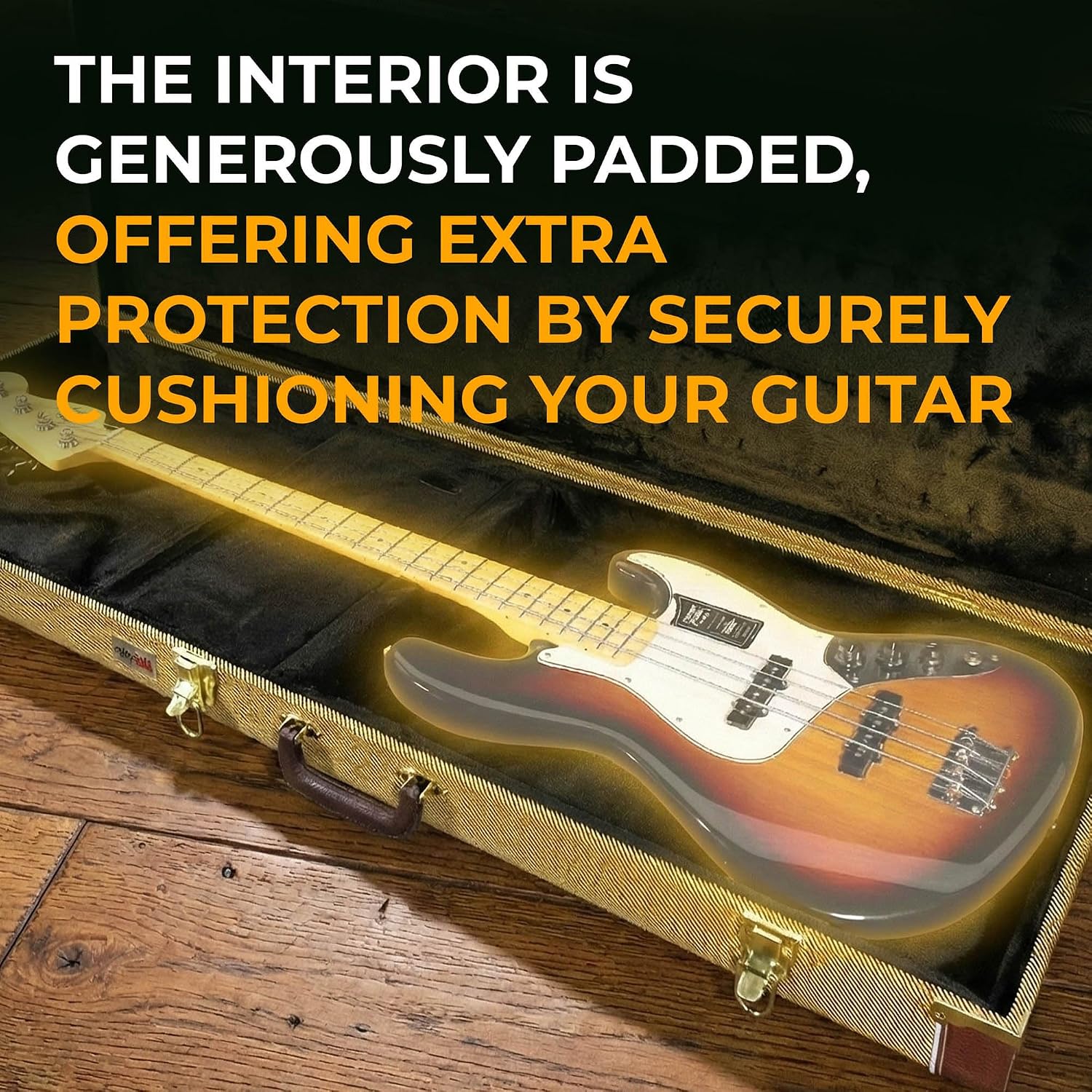 Gearlux Bass Guitar Hard Case, Fits Fender Precision/Jazz Bass and More with Exterior Lock and Key, Interior Accessory Compartment, and Plush Interior Padding - Black