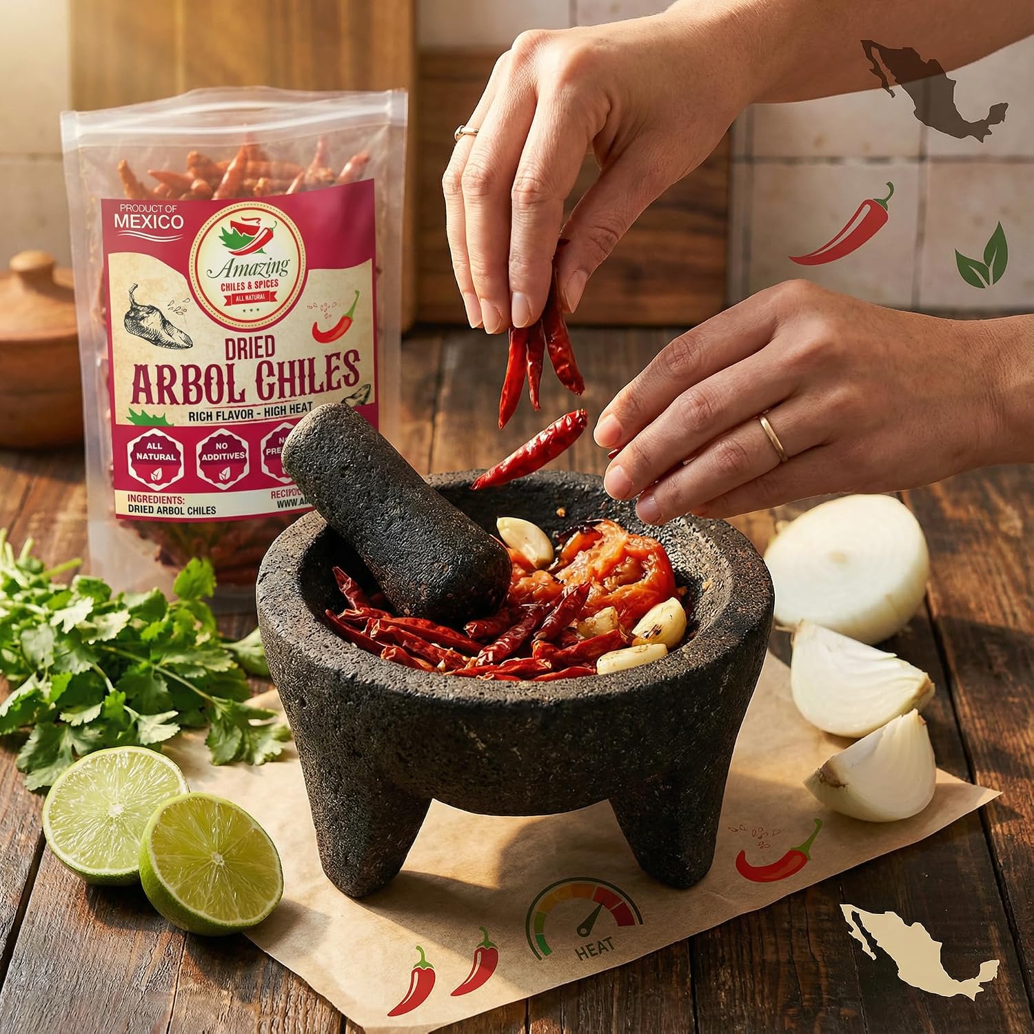 Chile De Arbol 4oz - Dried Whole Red Chili Peppers, Premium All Natural Stemless, Resealable Bag. Use in Mexican, Chinese and Thai Dishes. Spicy Hot Heat Full of Flavor