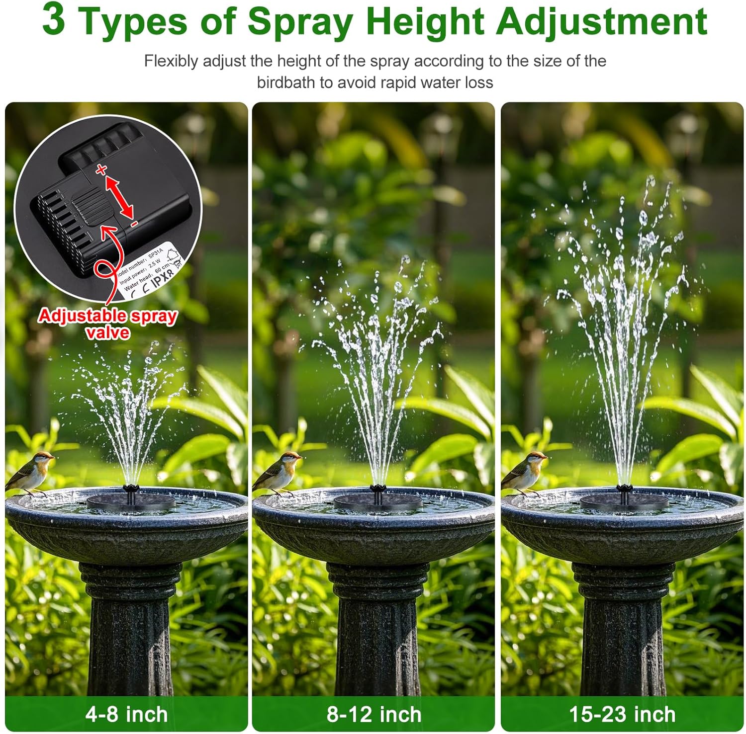 SEIRMEP Solar Fountain Pump with Spray Height Adjustment, Upgrade Glass Solar Bird Bath Fountains with 6 Nozzles
