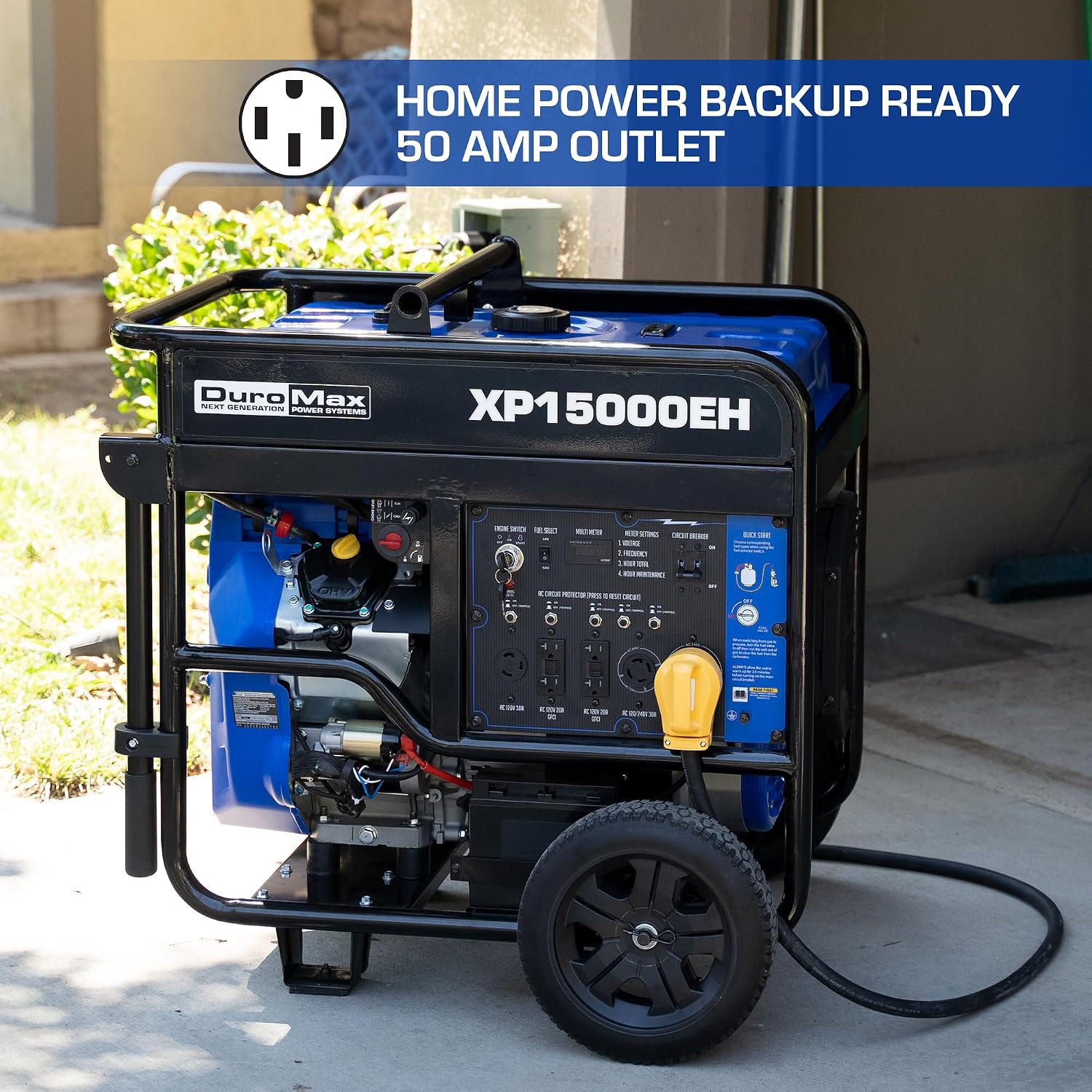 DuroMax XP12000EH 12,000-Watt Dual Fuel Portable Generator – Gas & Propane, Electric Start, Whole Home Backup Power, Transfer Switch Ready, RV & Emergency Ready