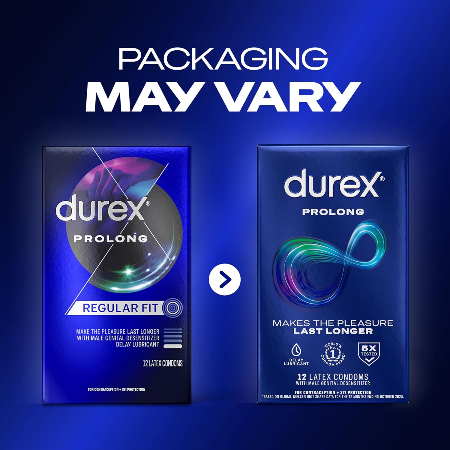 Durex Prolong Condoms with Delay Lubricant, Ribbed & Dotted Condoms for Men, 12 Count