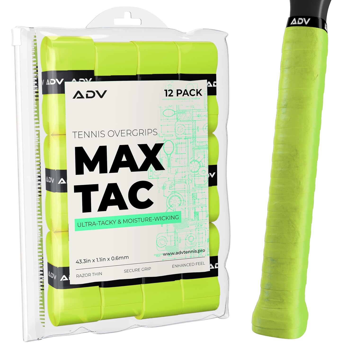 ADV MaxTac Tennis Overgrip, Tacky Moisture-Wicking Grip (Orange, 12-Pack)