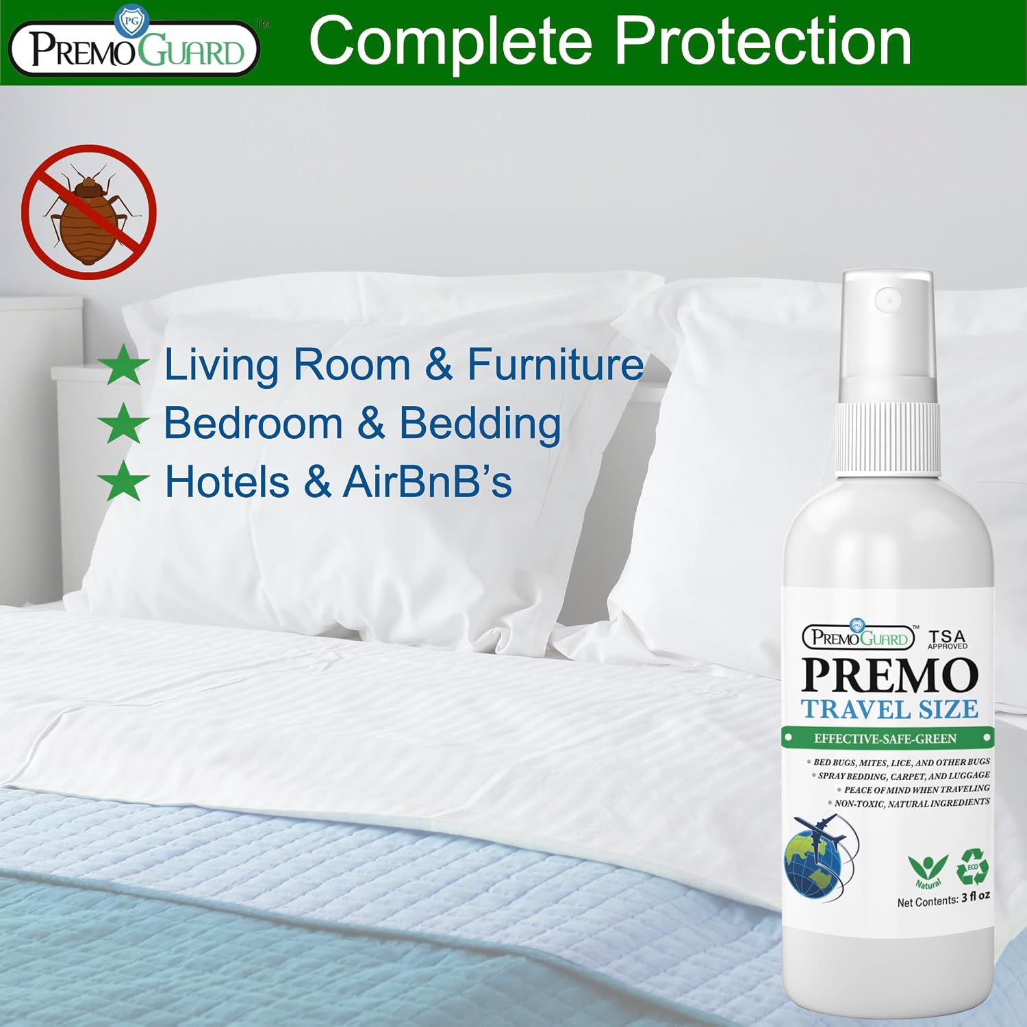 Premo Guard Bed Bug & Mite Killer Spray – University Tested 100% Kill Rate | Natural, Safe for Bedding, Furniture, Fabrics, and Clothing, Non Toxic, Stain & Scent Free, Child & Pet Safe