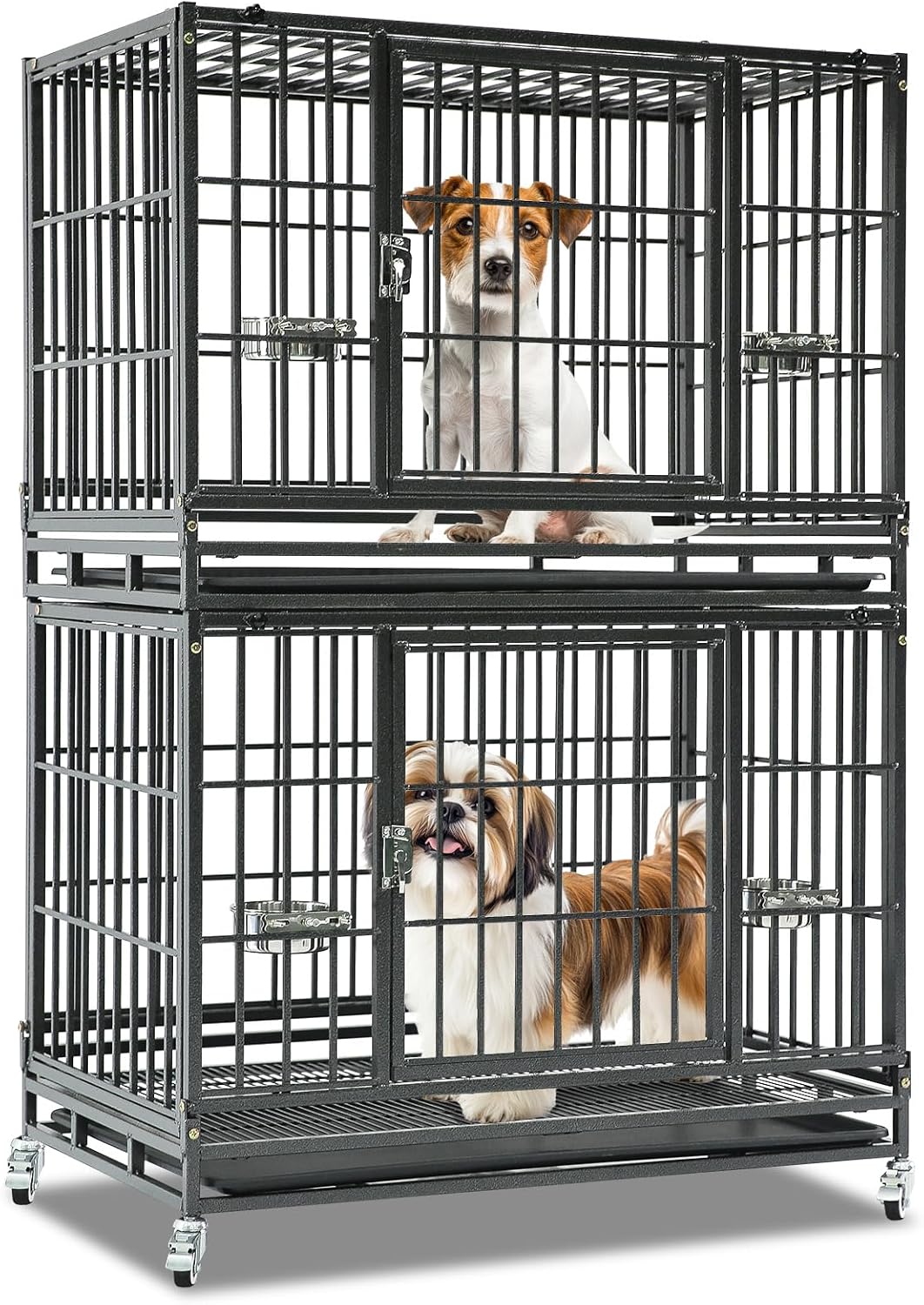 Homey Pet Taller 43" Heavy Duty Double Dog Crates with Divider & Dual Door | Drop Cage for Dogs with Lockable Wheels, Bowls, Removable Tray, Top Access, Ideal for Small to Medium & Large Dogs, Breeders