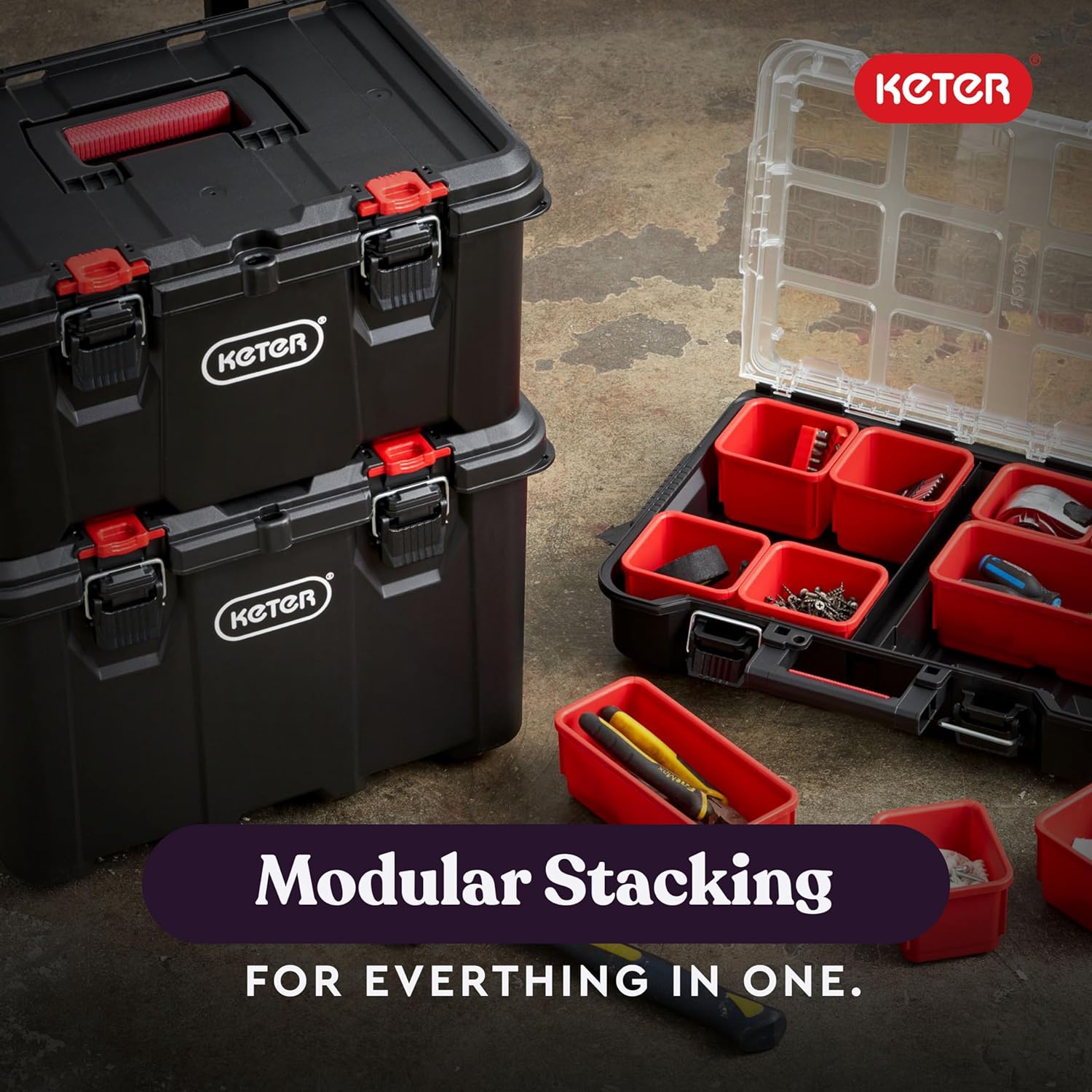 Keter Masterloader Resin Rolling Tool Box with Locking System and Removable Bins – Perfect Organization and Storage Chest for Power Drill, Tape Measure, and Screwdriver Set, Black | Black, Heavy Duty, Weatherproof, All Terrain Wheels, Durable, Easy Slide…