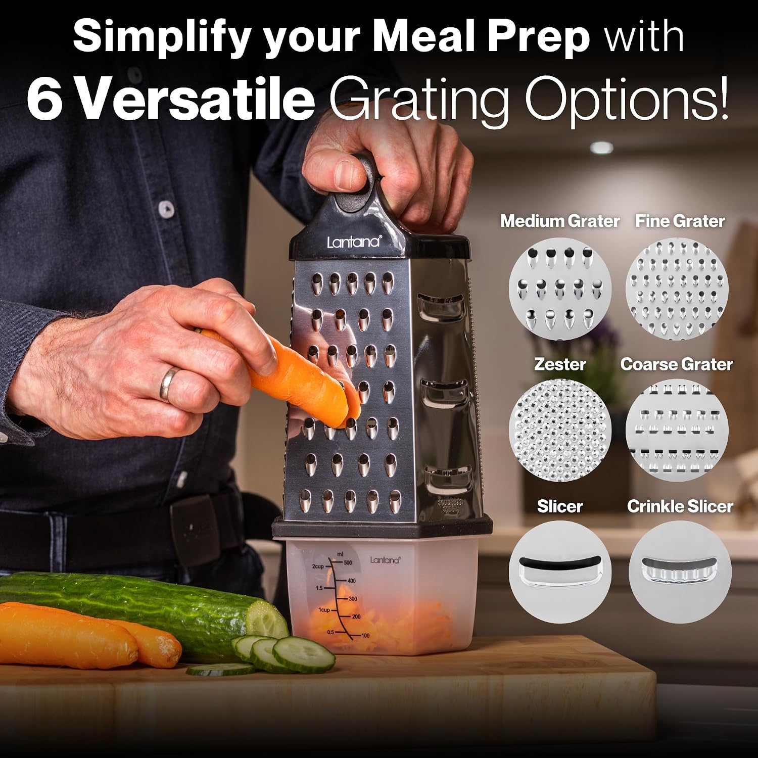 Cheese Grater with Container, Handheld Shredder, Zester (6 in 1) | 6 grating functions, coarse, medium, fine, micro, slicer blades, non-slip base