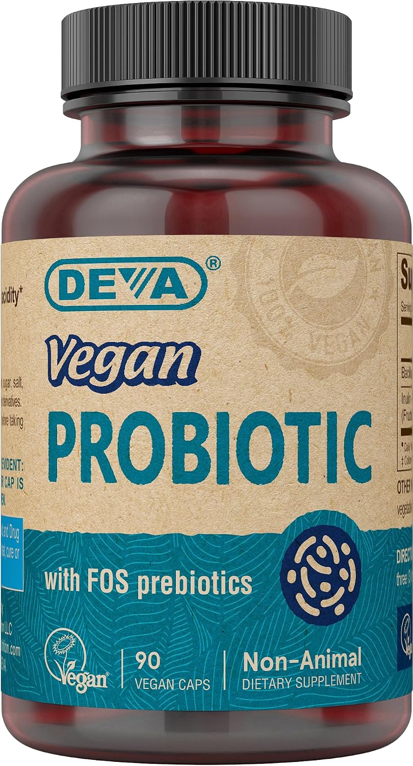 Deva Vegan Probiotic with FOS Prebiotics Supplement - 2 Billion CFU with 100 MG of Prebiotics Per Serving for Men & Women - Non-Dairy Gluten Free - Naturally Shelf Stable - 90 Capsules