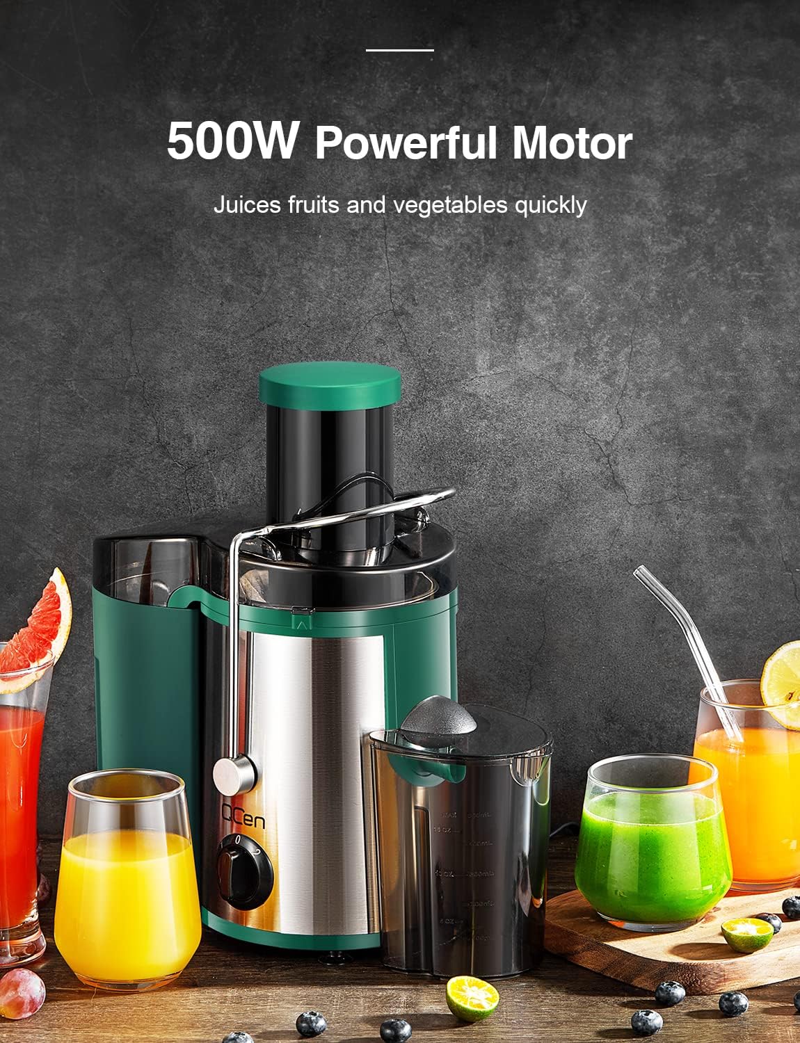 QCen Juicer Machine 500W Centrifugal Juicer with Extra Wide Feed Chute