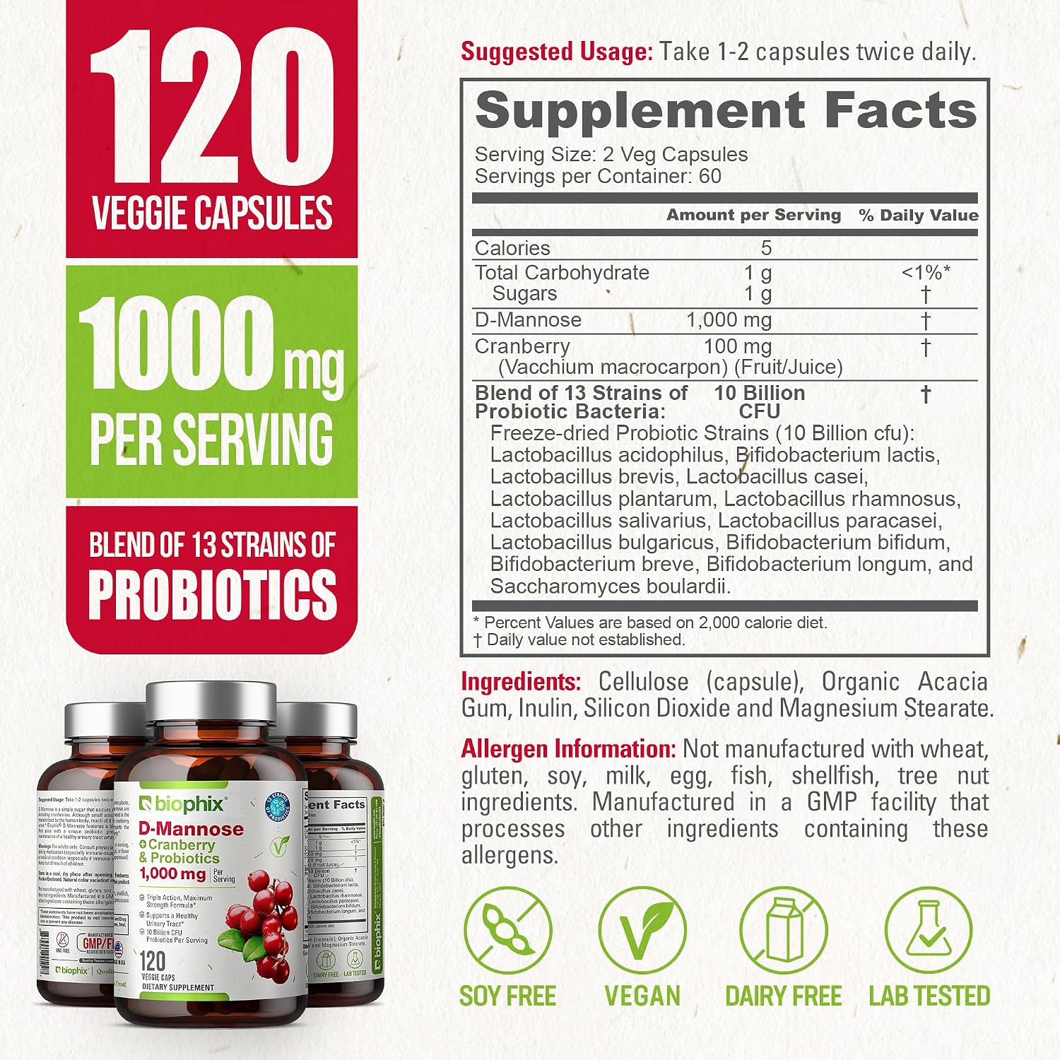 biophix D-Mannose 1000mg Capsules with Cranberry & Probiotics - D Mannose Supplements for Women - D-Mannose Pills for Urinary Tract & Bladder Health Support - Digestive Well-Being - 120 Vcaps