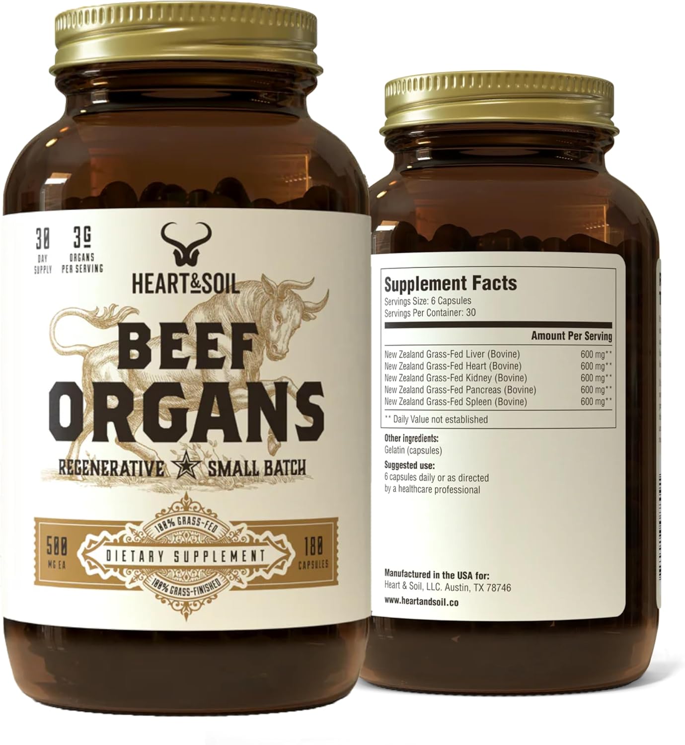 HEART & SOIL Beef Organs Supplement, 180 Capsules