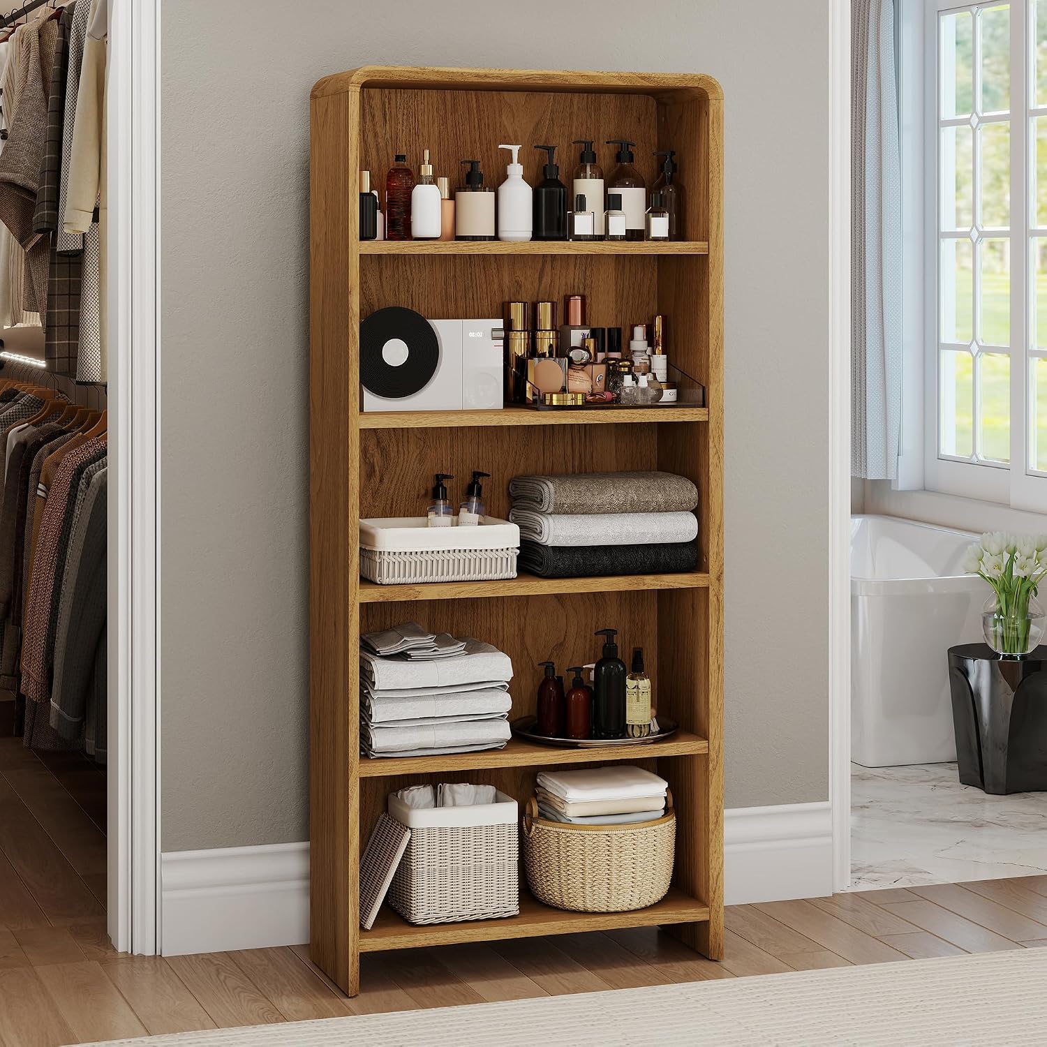 Bevfint 44" Bookcase Tall 3 Shelves Wood Bookshelf with Curved Soft Edges, Heavy Duty Storage Cabinet for Professional Home Office and Living Room, Modern Natural Oak Grain Finish