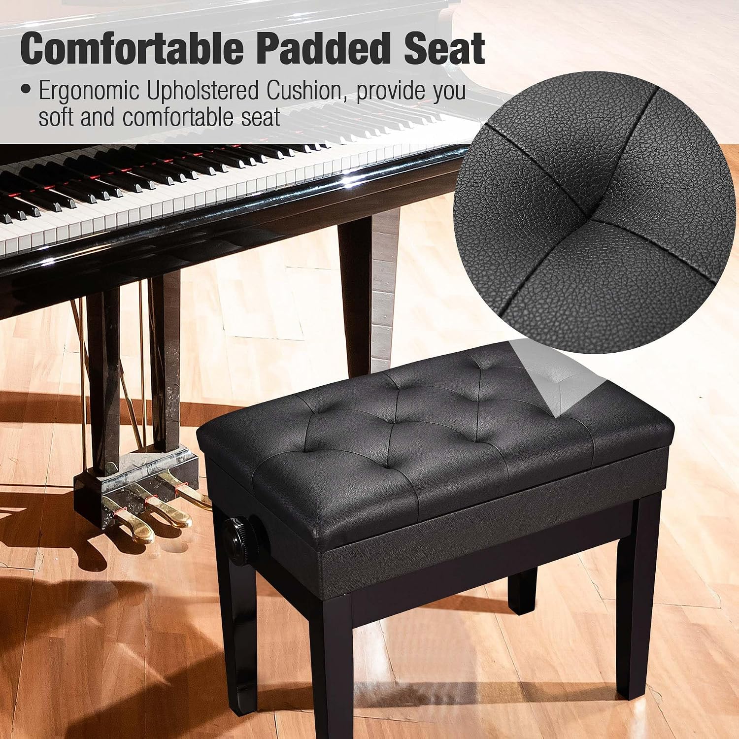 AW Adjustable Piano Bench with Storage Brown Wooden Keyboard Stool Seat | Leather Cushion Paino Chair for Piano Shop Music School Studio Capacity 400lbs