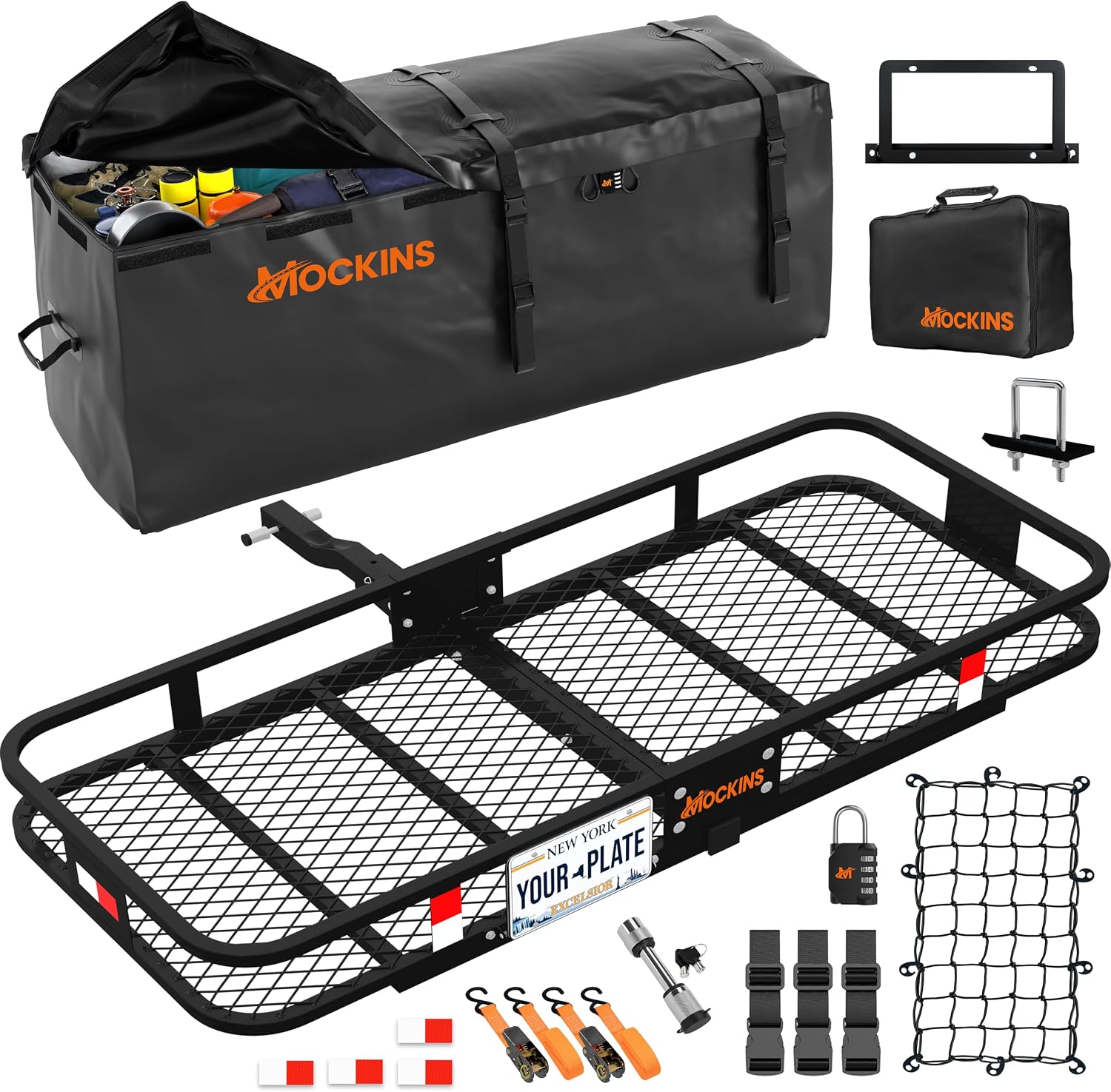Mockins 500 lb. Capacity Folding Luggage Rack for SUV Car Truck ATV & More | Steel Trailer Hitch Cargo Carrier 60"x20"x6" w/ 16 Cu Ft Waterproof