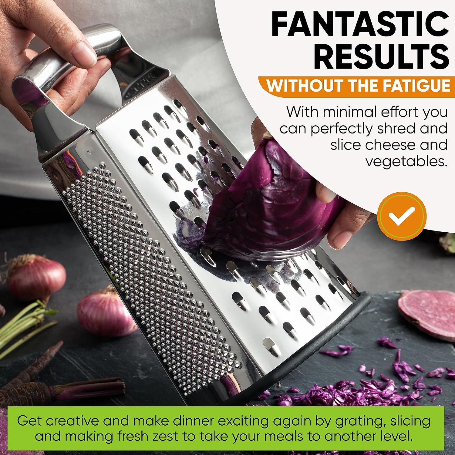 Spring Chef Stainless Steel Cheese Grater, Large Box Grater for Kitchen | 4 Sided Handheld Vegetable Shredder, Kitchen Food Grater for Cheese, Potato