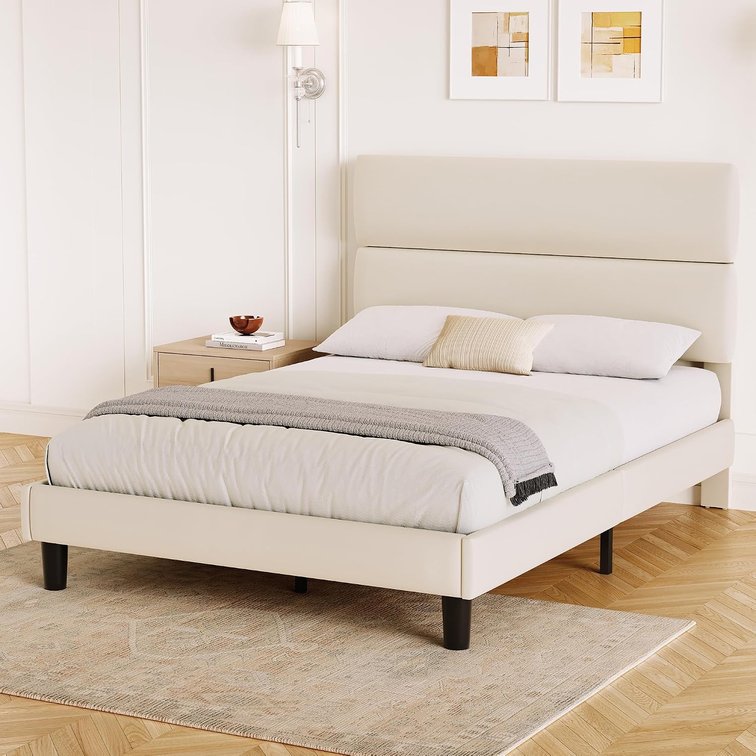 GRUSIGN Queen Size Platform Bed Frame with Velvet Headboard, Adjustable Height Wooden Slats Support, Upholstered Mattress Foundation, Fits Mattress or Mattress with Box Spring, Easy Assembly, Beige