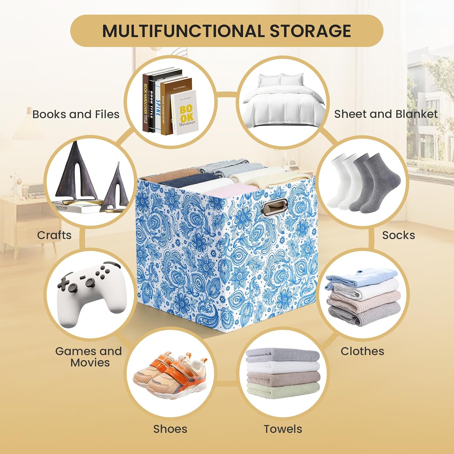 Posprica Storage Bins, Storage Cubes,13×13 Fabric Drawers Organizer Basket Boxes Containers (13×13×13/4pcs, Cream/gold geometry Pattern)