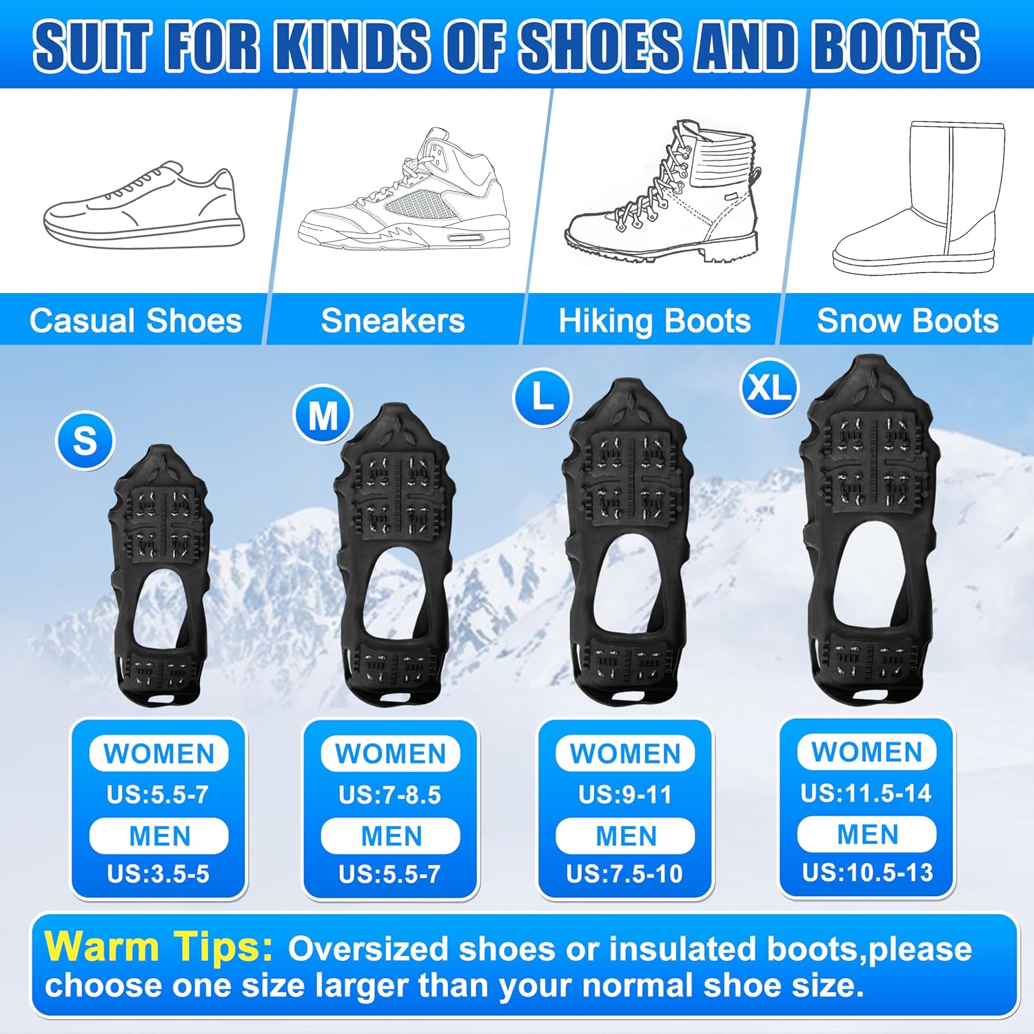 Ice Cleats for Shoes and Boots,Crampons Snow Traction Cleats for Walking on Snow and Ice,Non-Slip Shoe Grippers Slip-on Overshoe Stretch Footwear for Winter Walking Hiking Fishing