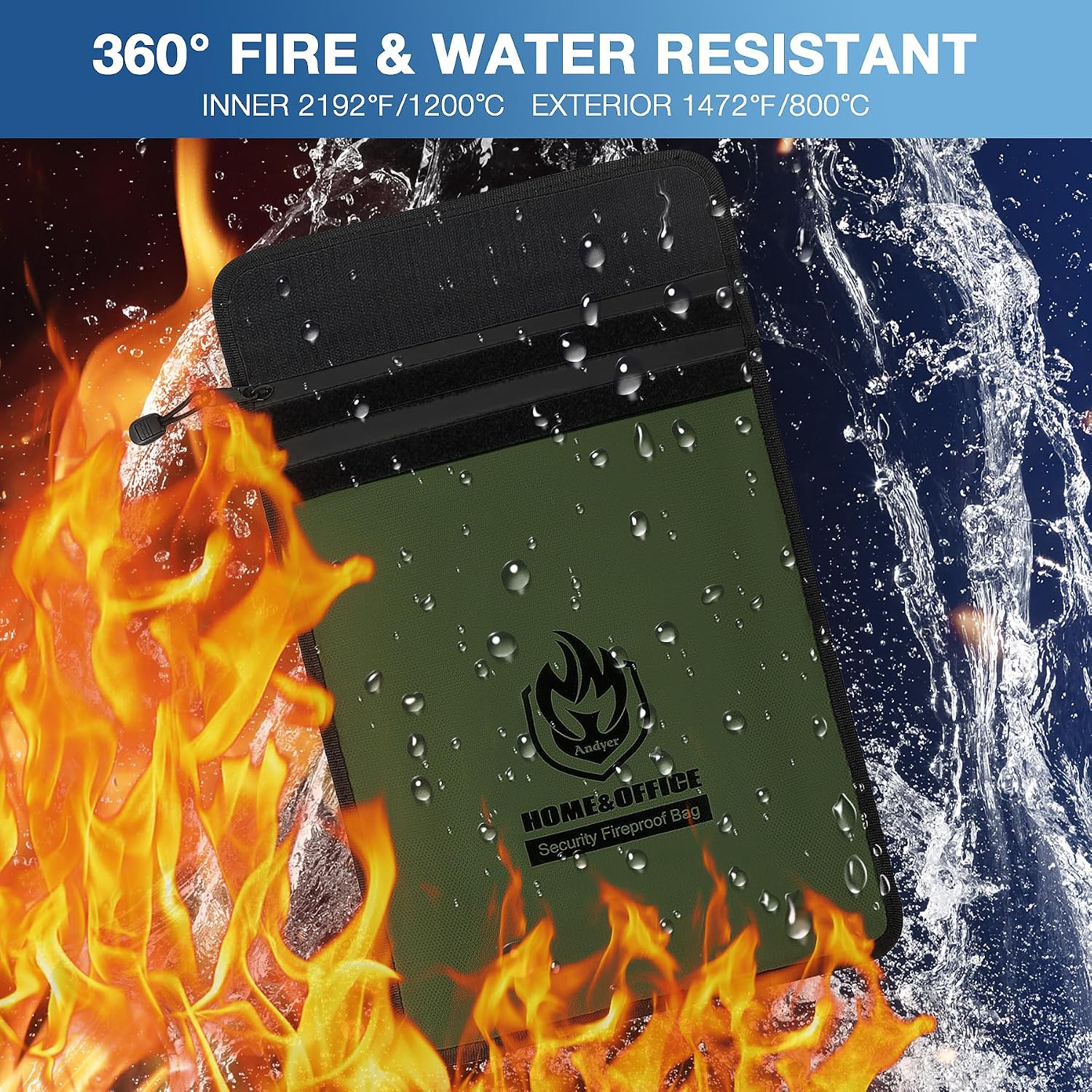 Andyer 2 Pockets Fireproof Document Bag (15"x11"), Protect Values from Fire