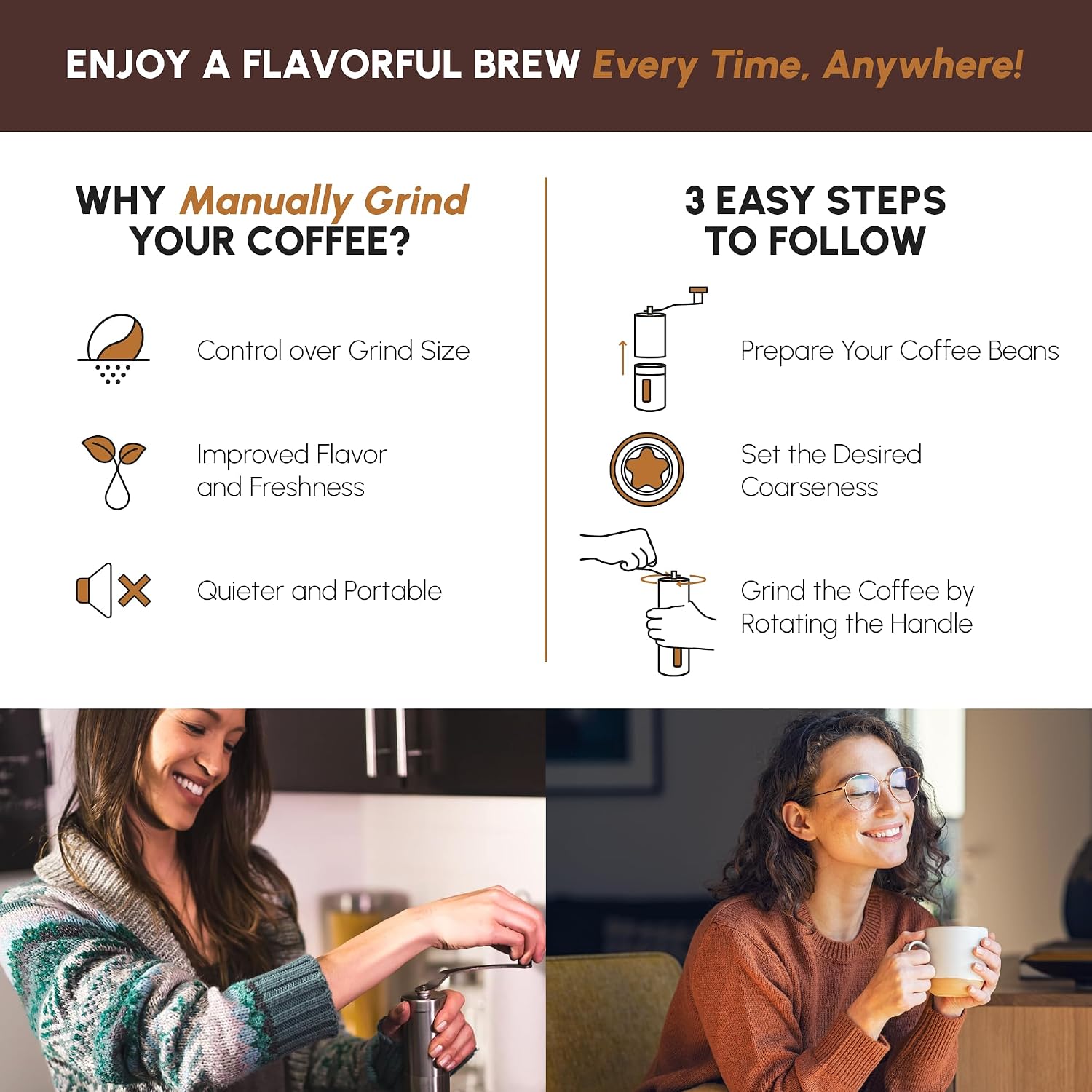 Manual Stainless Steel Coffee Grinder - 18 Adjustable Settings, Portable Conical Burr Grinder for Camping, Travel, Espresso - With Hand Crank