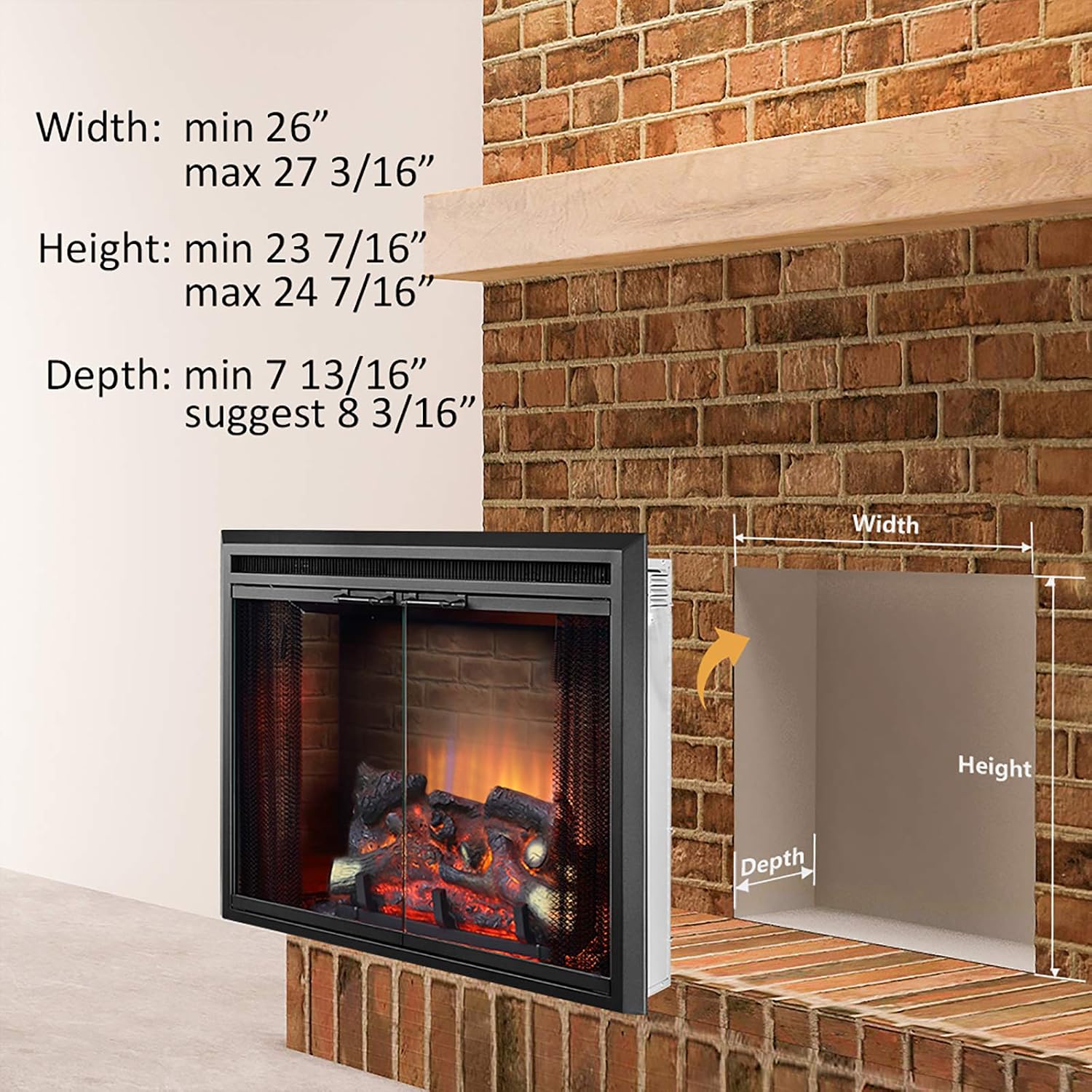 PuraFlame Klaus Electric Fireplace Insert with Fire Crackling Sound, Glass Door and Mesh Screen, 750/1500W, Black, 29 15/16 Inches Wide