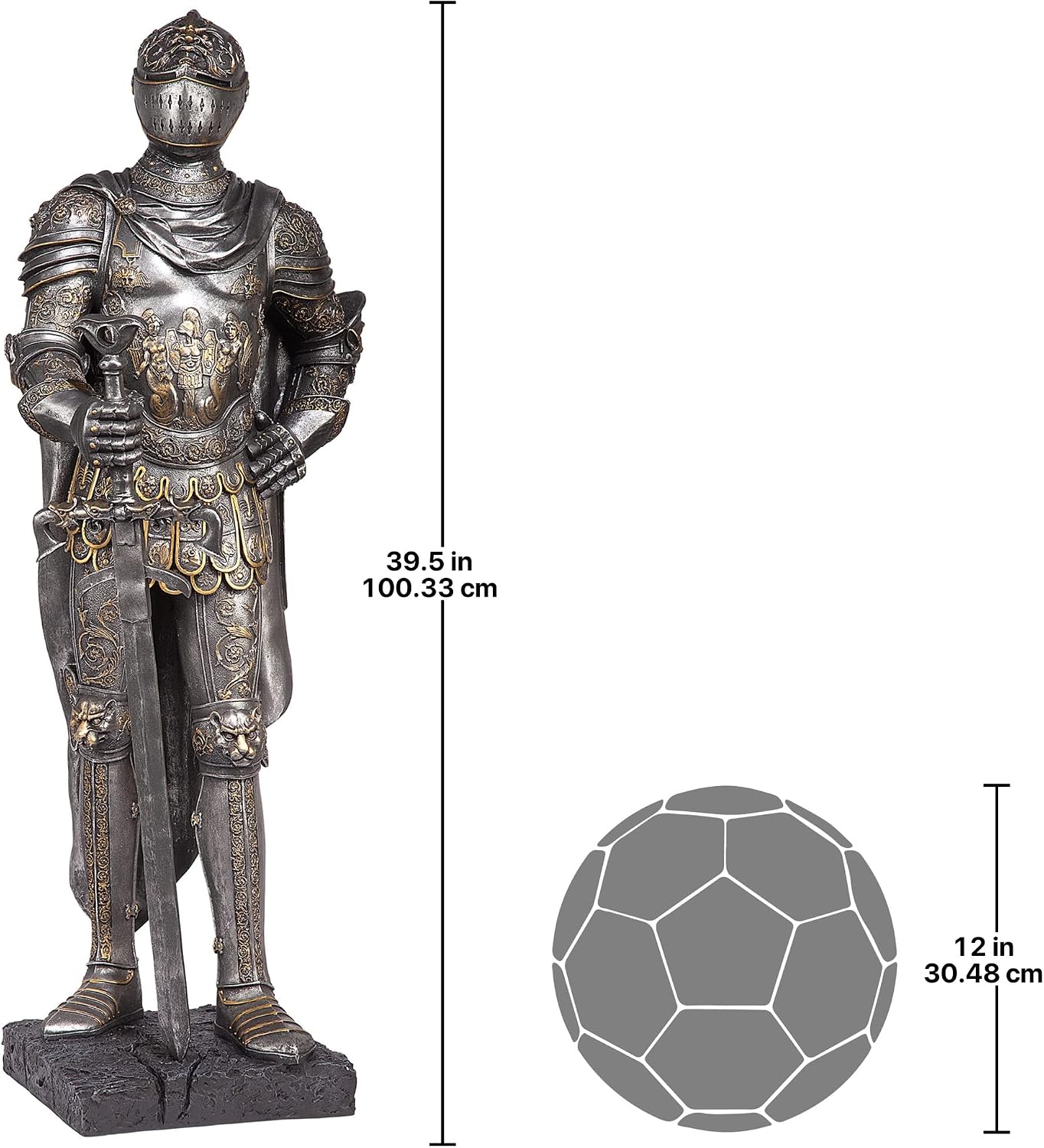 Design Toscano King's Guard Medieval Decor Half Scale Knight Armor Gothic Statue, 39 Inch Tall, Cast Stone Resin, Metallic Finish with Faux Stone Base