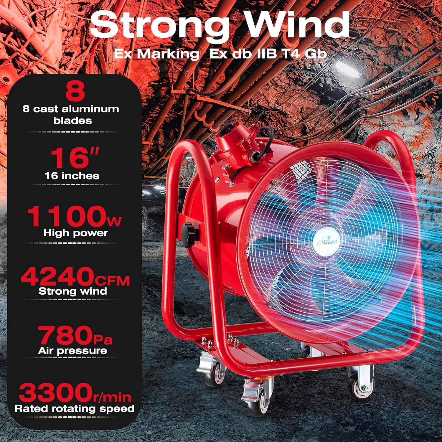 iLiving - ILG8EF12EX Explosion Proof Utility High Velocity Blower, Fume Extractor, Portable Exhaust and Ventilator Fan, Air Ventilation with 2720 CFM