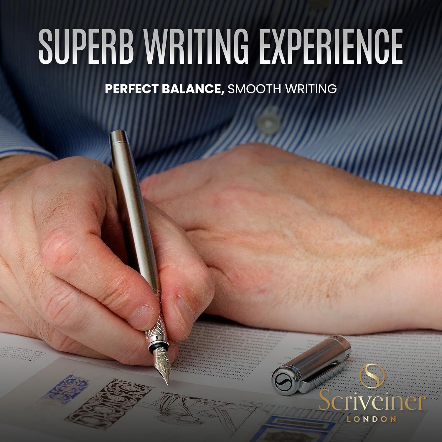 Scriveiner Silver Chrome Fountain Pen - Stunning Luxury Pen, Real Gold Finish Schmidt Gilded Nib (Medium), Best Pen Gift Set for Men & Women