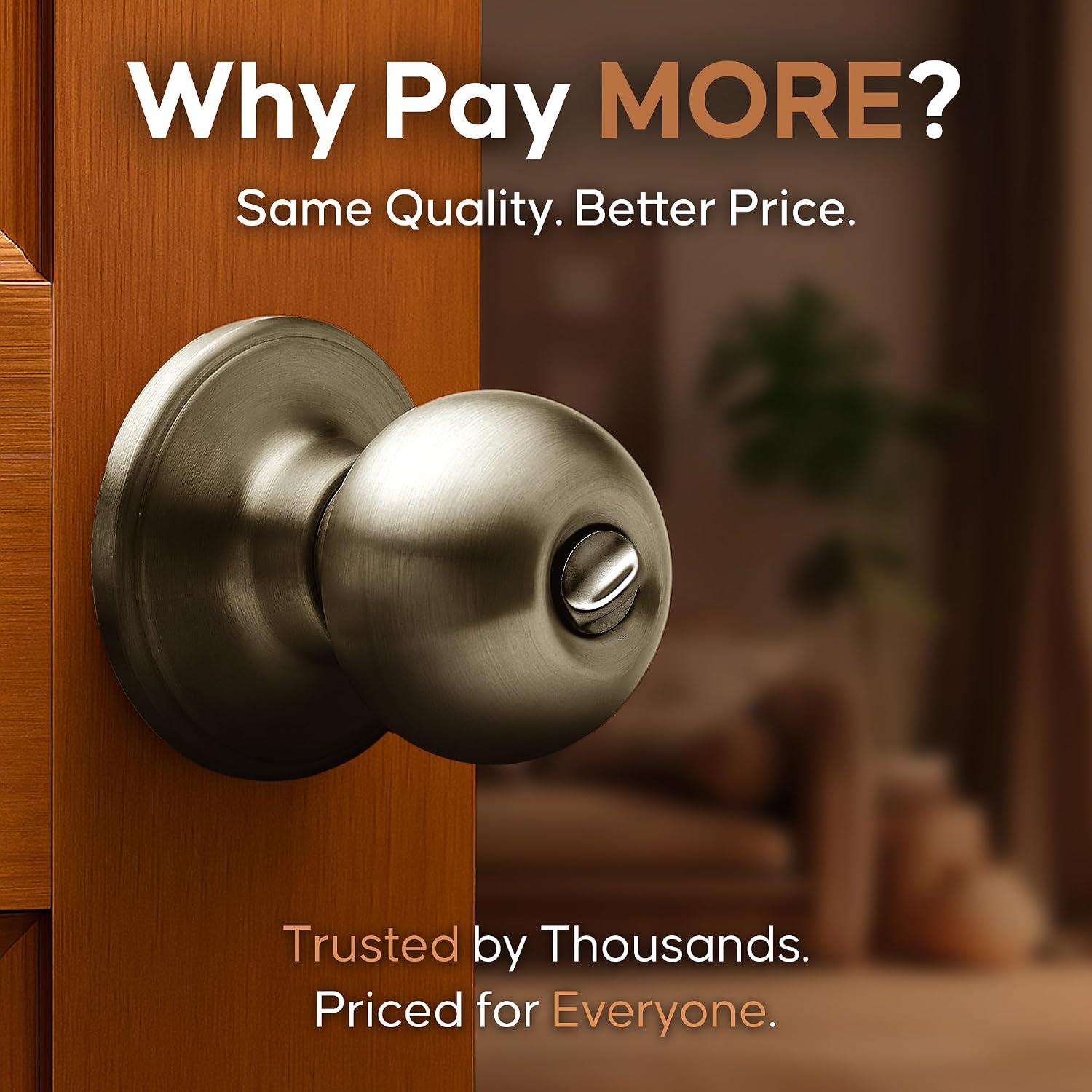 Copper Creek Privacy Interior Door Knob – ANSI Grade-3 Certified, Modern Heavy Duty Handle, Easy Install and Reversible for Bedroom, Bathroom & Closets – Satin Stainless (1 Pack)