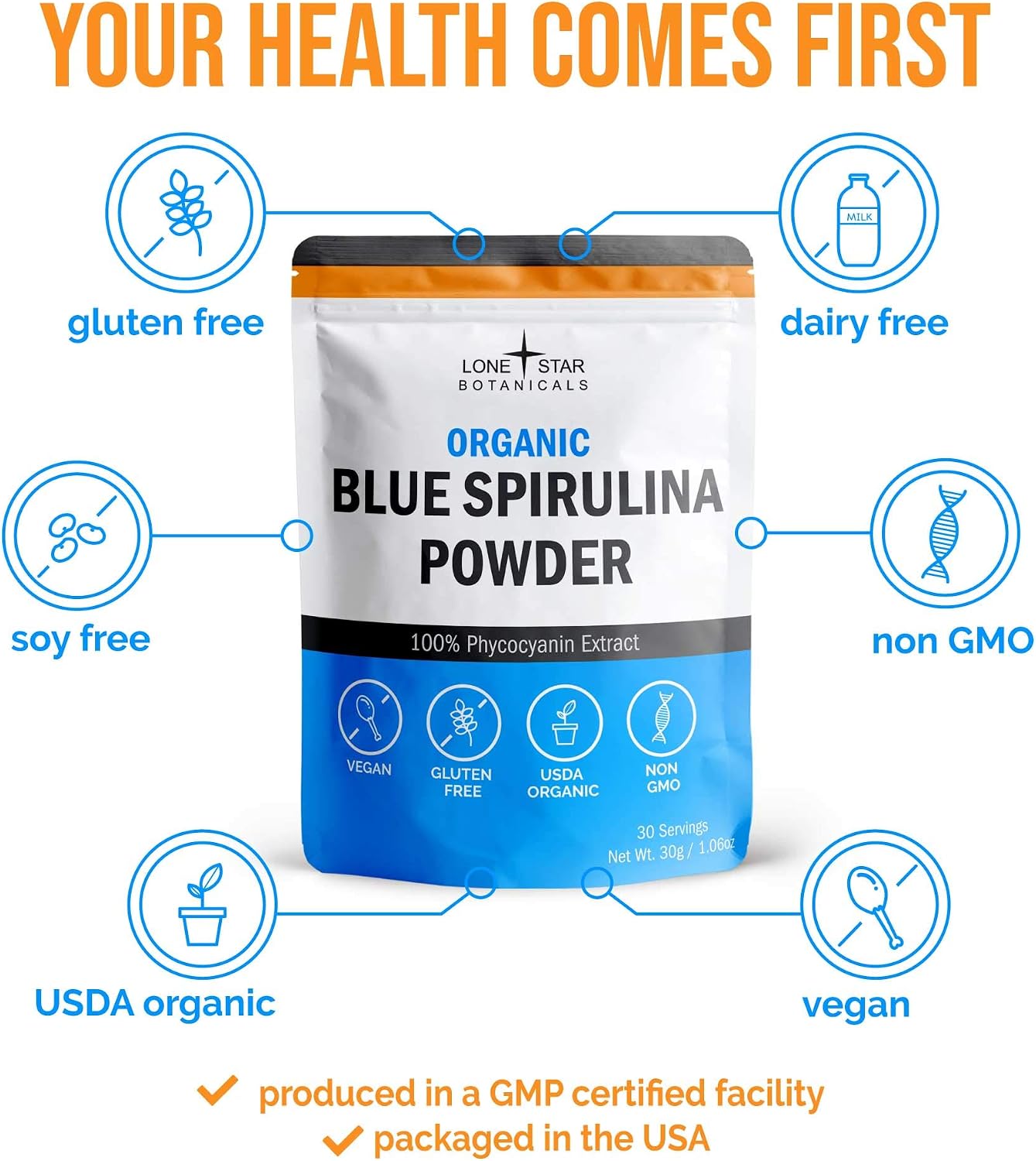 Lone Star Botanicals Organic Blue Spirulina Powder - 100% Pure Blue-Green Algae, No Fishy Smell, Vegan Superfood for Smoothies & Drinks, Non GMO