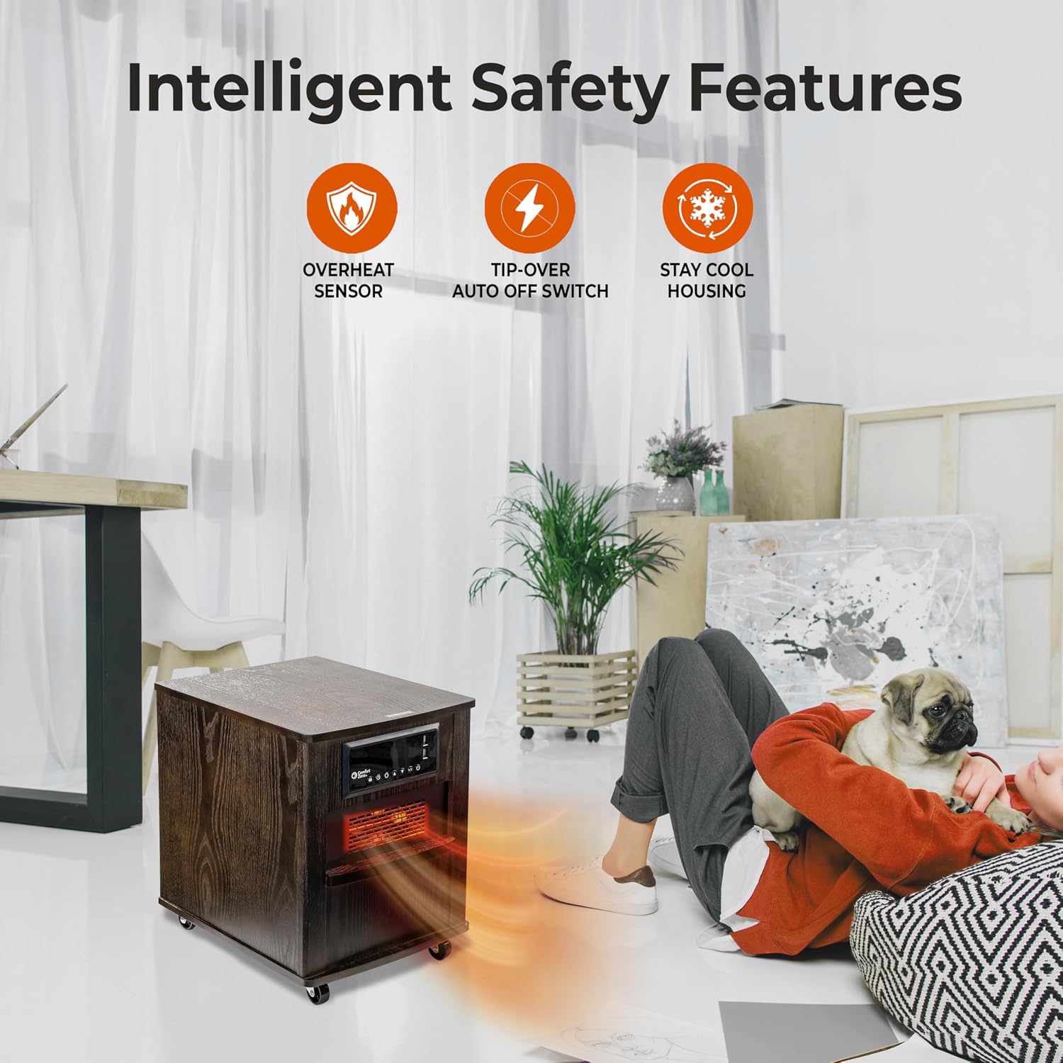 Comfort Zone Indoor Space Heater, 20 inch, 1,500 watt, Cabinet Heater with Remote, Infrared, Quartz, USB Charging Ports, Timer, Tip Over Switch & Overheat Protection, Ideal for Home & Office, CZ2062W