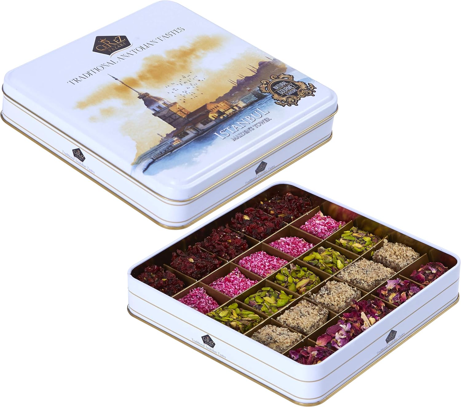 Cerez Pazari Turkish Delight In 4 Flavours, With Pistachio, Hazelnut & Walnut, Assorted Gourmet Lokum In Elegant Tin Gift Box