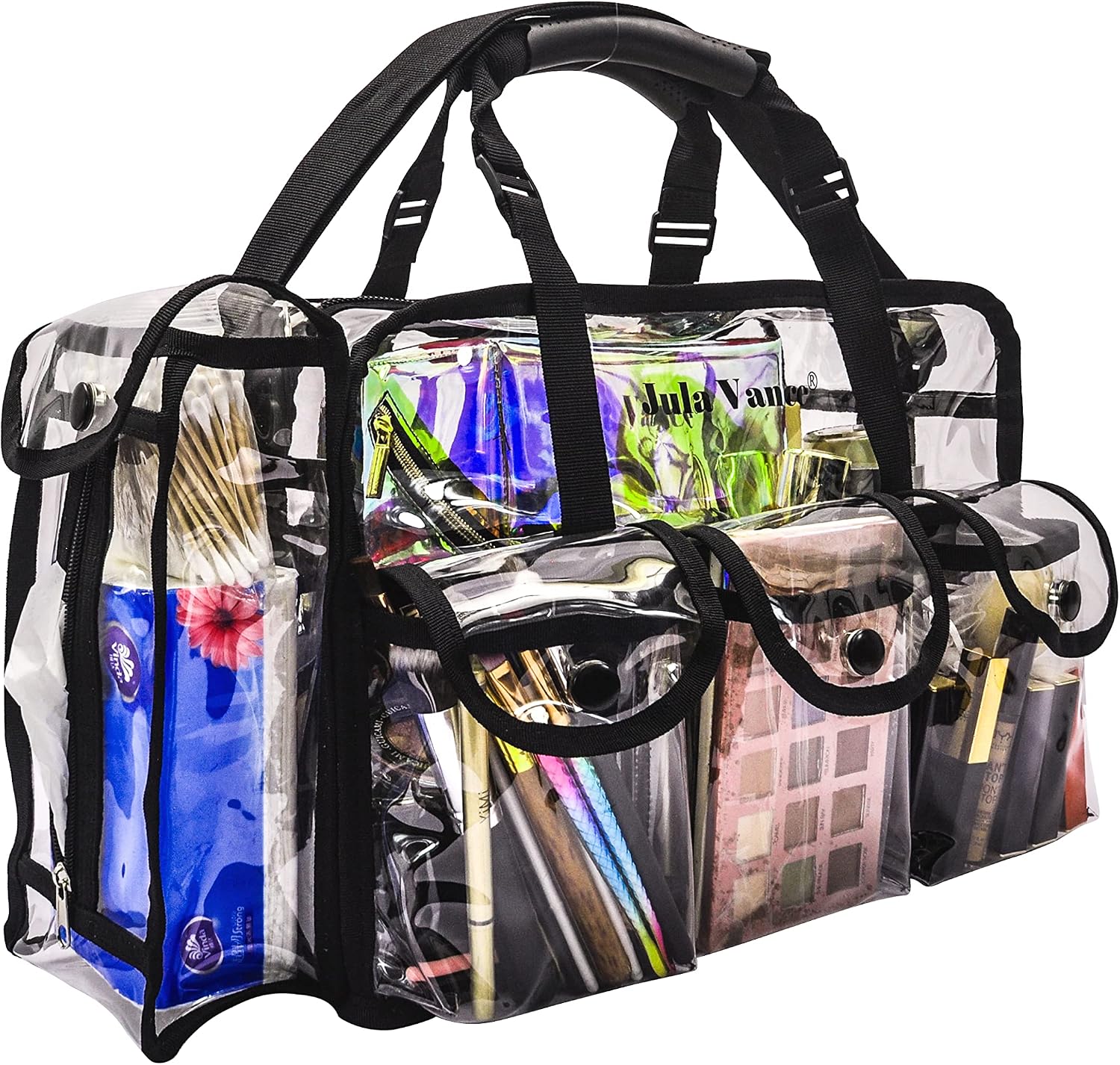 Professional Clear PVC Makeup Kits Organizer Make up Set Bag MUA Carry All Artist Transparent Vinyl Travel Cosmetic Bag with 6 External Pockets &