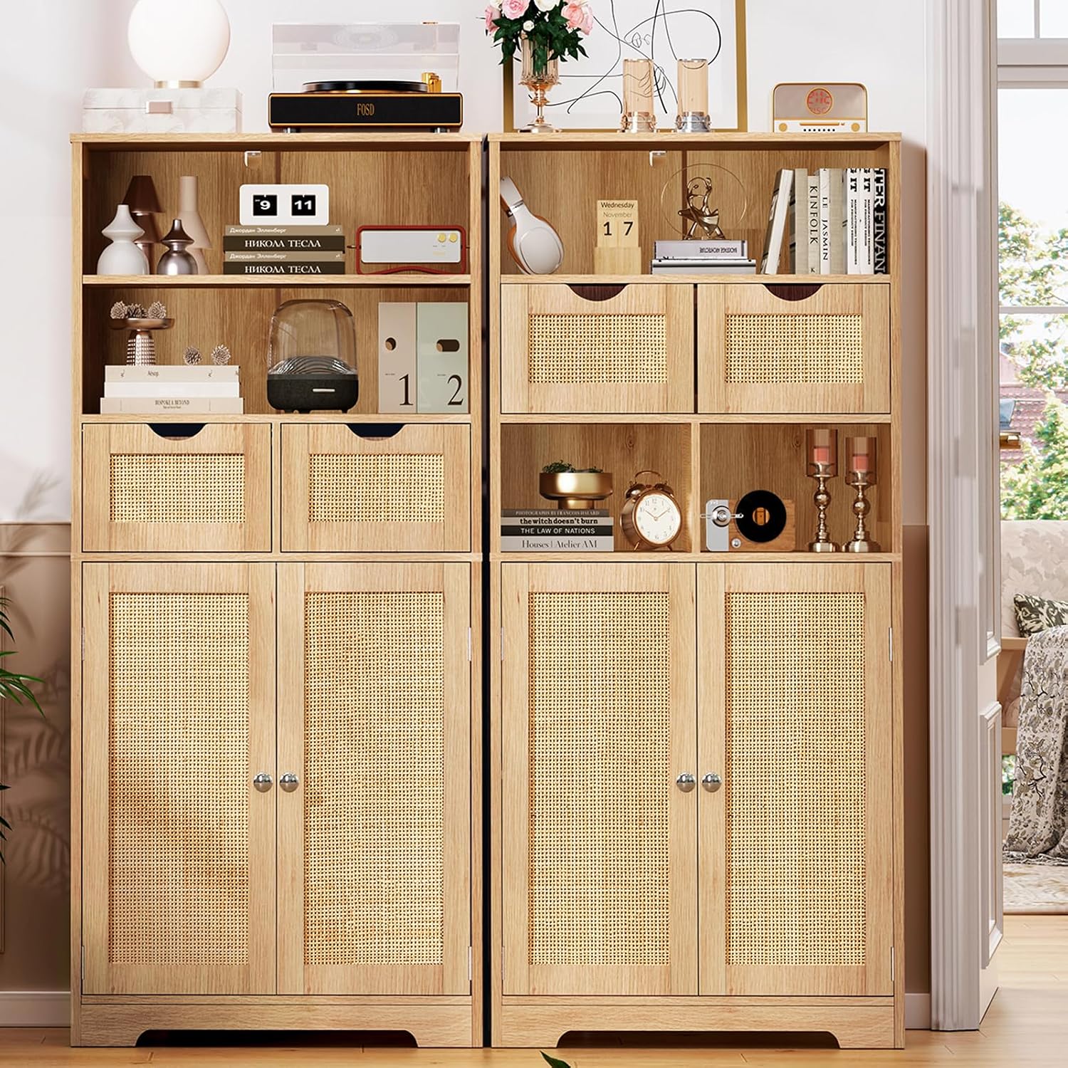 Iwell Storage Cabinet with 2 Drawers & Adjustable Shelves, Cupboard, Floor Cabinet for Living Room, Home Office, Rustic Brown
