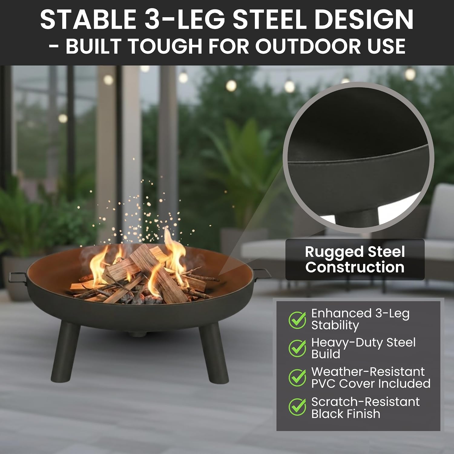 Pure Garden Outdoor Fire Pit, Black, 27.5-Inch