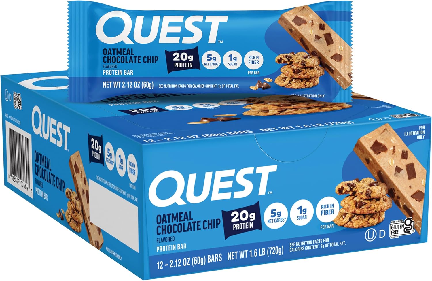 Quest Nutrition Oatmeal Chocolate Chip Protein Bars, 20g Protein, 12 Count | 12g Fiber, 5g Net Carbs, 1g Sugar, Gluten Free, High Quality Protein, Soft and Chewy, Individually Wrapped 2.12oz Bars