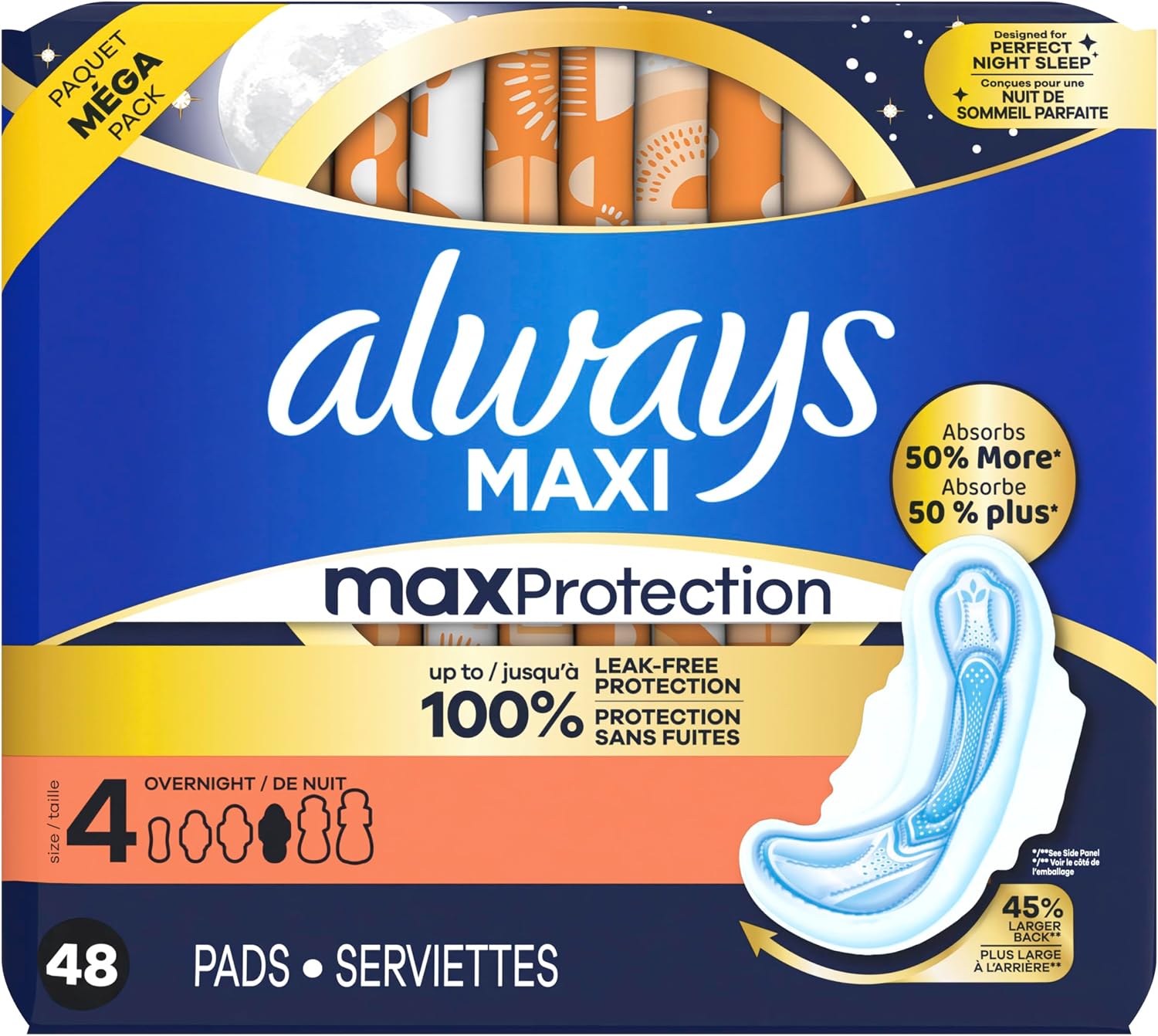 Always Maxi Overnight Feminine Pads with Wings for Women, Size 4, Overnight Absorbency, Unscented, Up to 100% Leak-Free Protection, 48 Count
