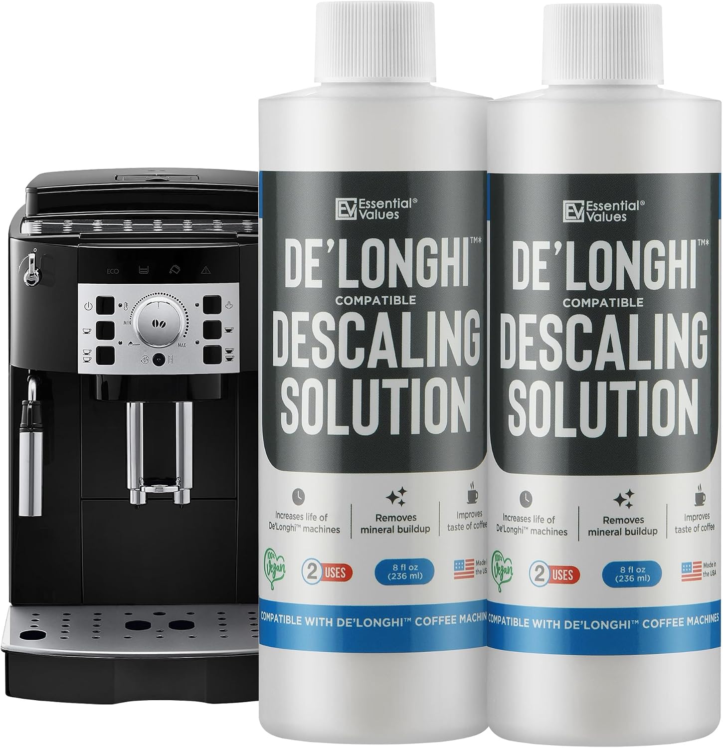 Essential Values Universal Descaling Solution, Made in the USA for Delonghi, Keurig, Breville,Nespresso (2 Uses) Coffee Machine Descaler Cleaner for all Automatic Coffee Makers & Espresso Machines