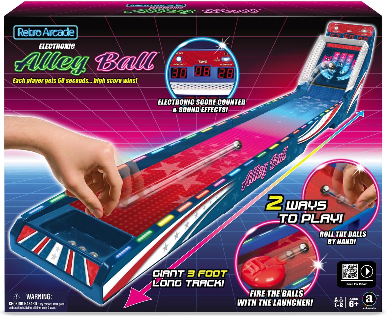 Merchant Ambassador Retro Arcade Electronic: Alley-Ball - Tabletop Game, 3' Track, Scoreboard & Sound Effects, 1-2 Players, Ages 6+